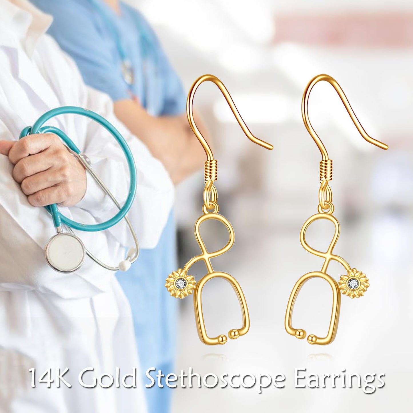 KECHO 14K Solid Gold Nurse Gifts for Women Heart Stethoscope Nurse Earrings Stethoscope Pendant Necklace Graduation Birthday Christmas Jewelry Gifts for Doctor Nurse Medical Student