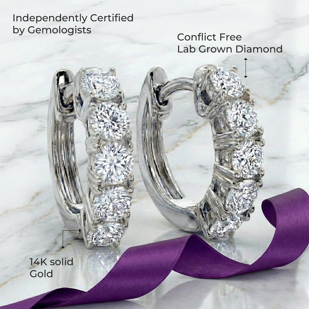 Diamond Huggie Earrings for Women | 3/4-2 1/2 CT TW 14K Yellow and White Gold Small Hoop Earrings | Lab Created Diamonds | Certified by Gemologists