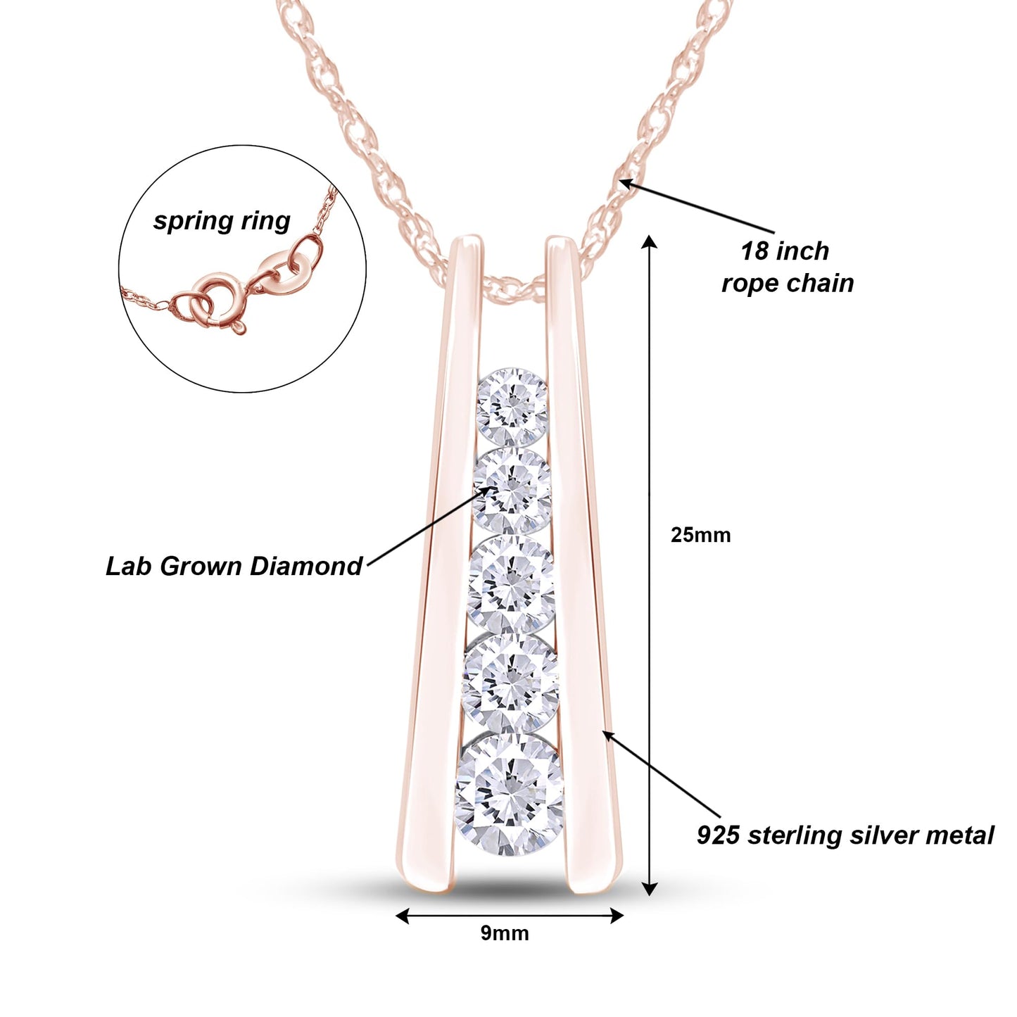 1.25 Carat Lab Created Moissanite or Lab Grown Diamond Five Stone Journey Bar Pendant Necklace In 14k Gold Over Sterling Silver Jewelry With 18" Chain, Gift For Her