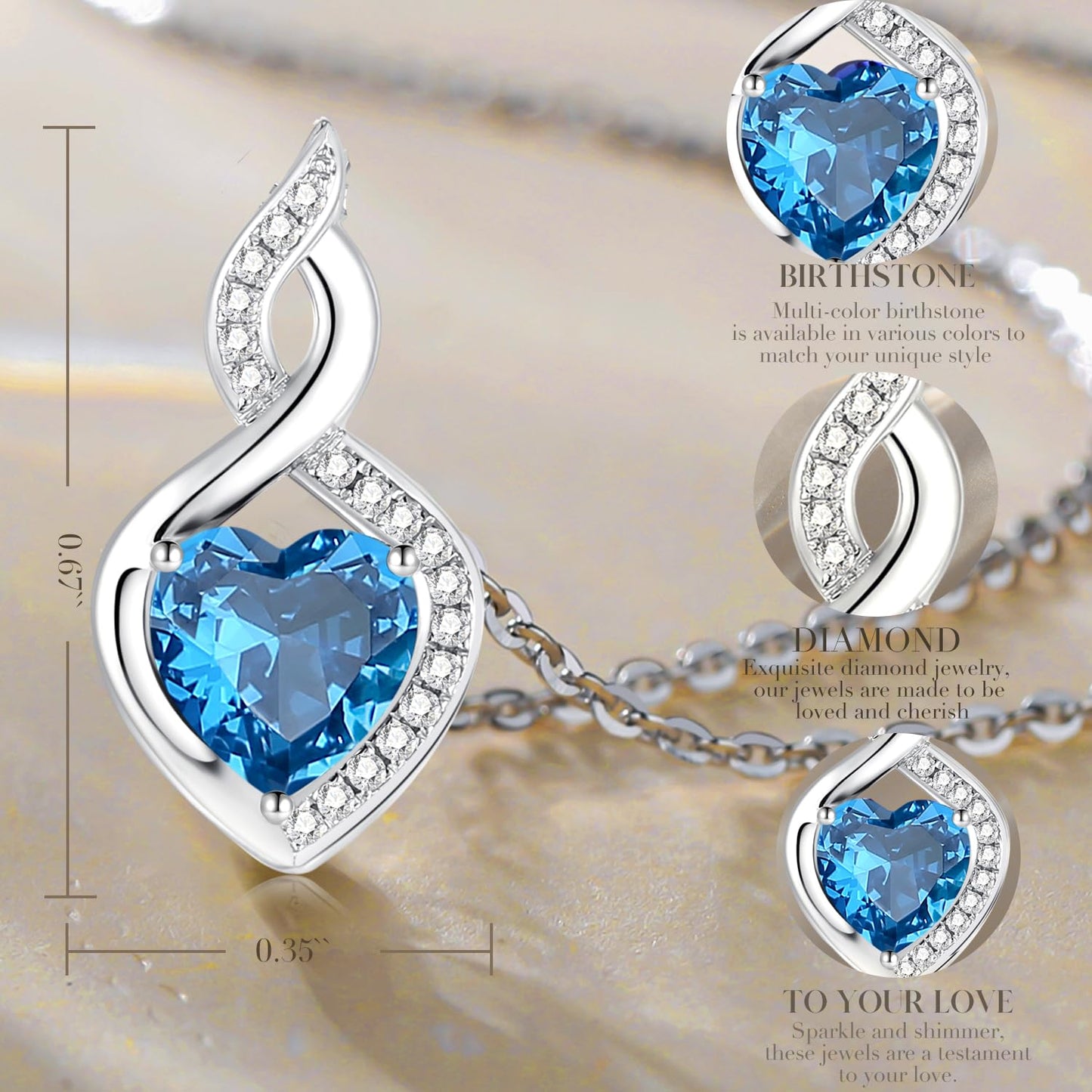 FANCIME 14K Solid White Gold Heart Birthstone Necklace with Diamond Pendent Birthday Gifts for Mom Women, Sterling Silver Chain 16" + 2" Extender