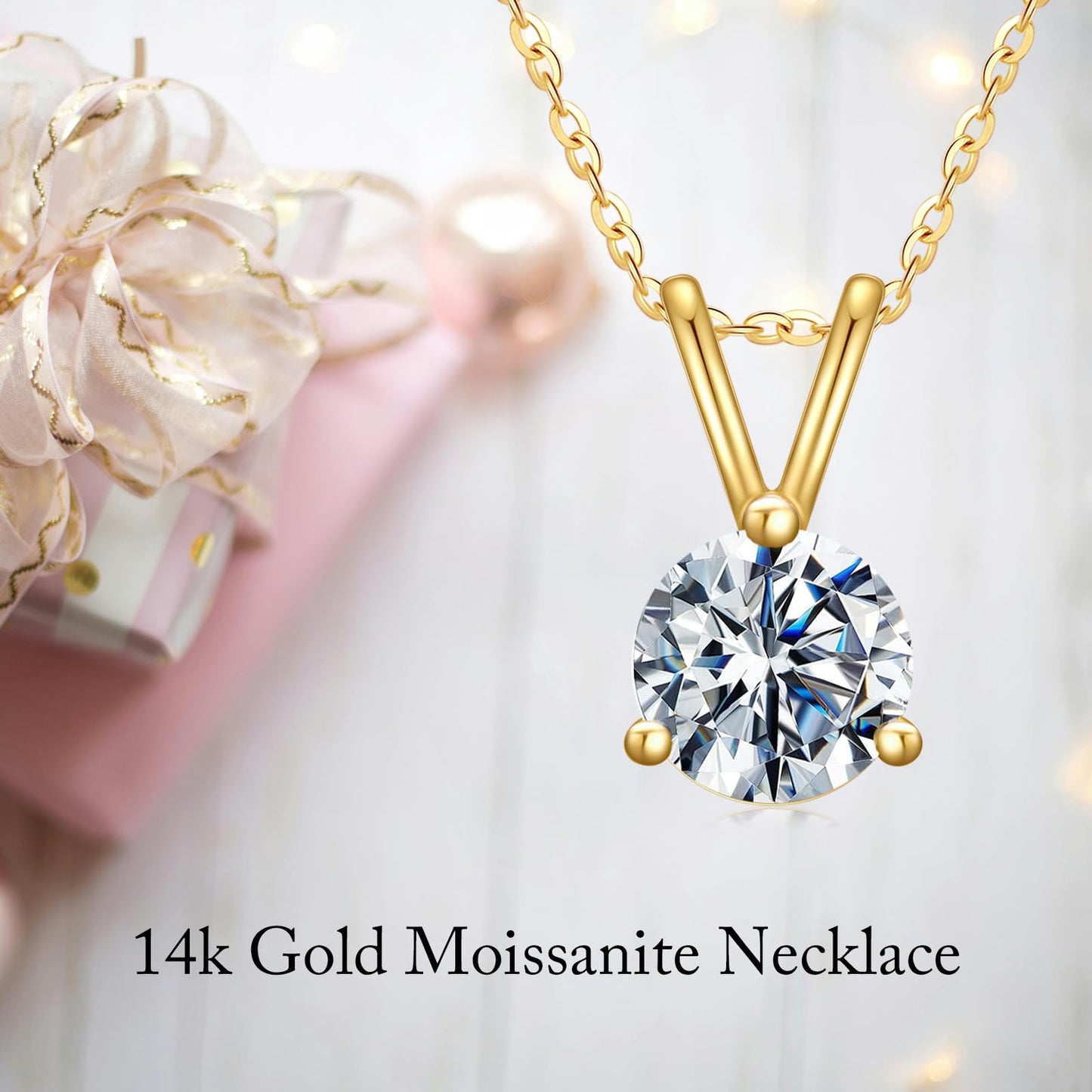Moissanite Necklace for Women In 14K Gold, 0.5-2 Carats D Color VVS1 Brilliant Cut Moissanite Solitaire Simulated Diamond Pendant Anniversary Birthday Women Jewelry Gifts