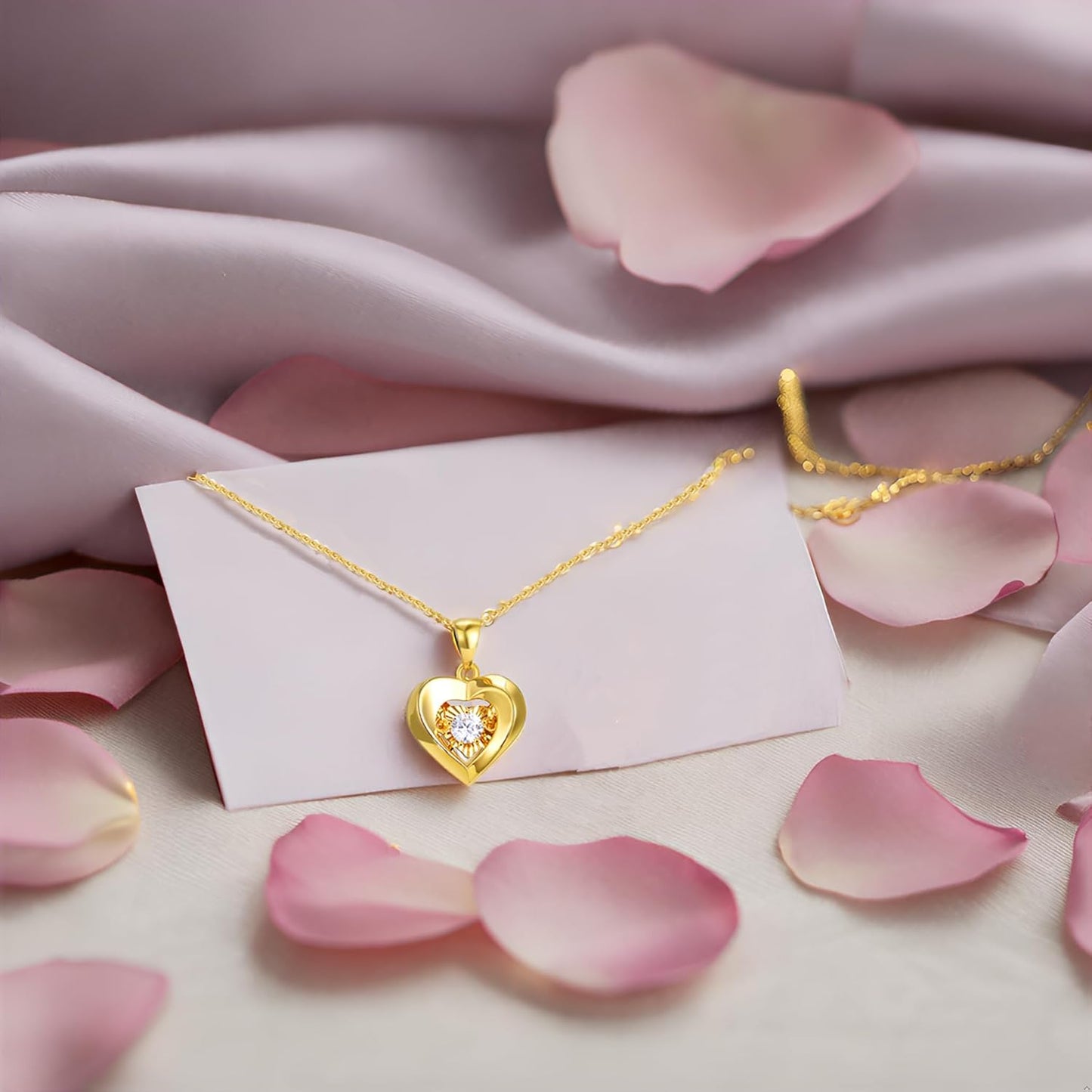 SISGEM 18k Gold Cubic Zirconia Heart and Wheat Chain Necklaces for Women, Love Jewelry Gifts for Her,18 Inches