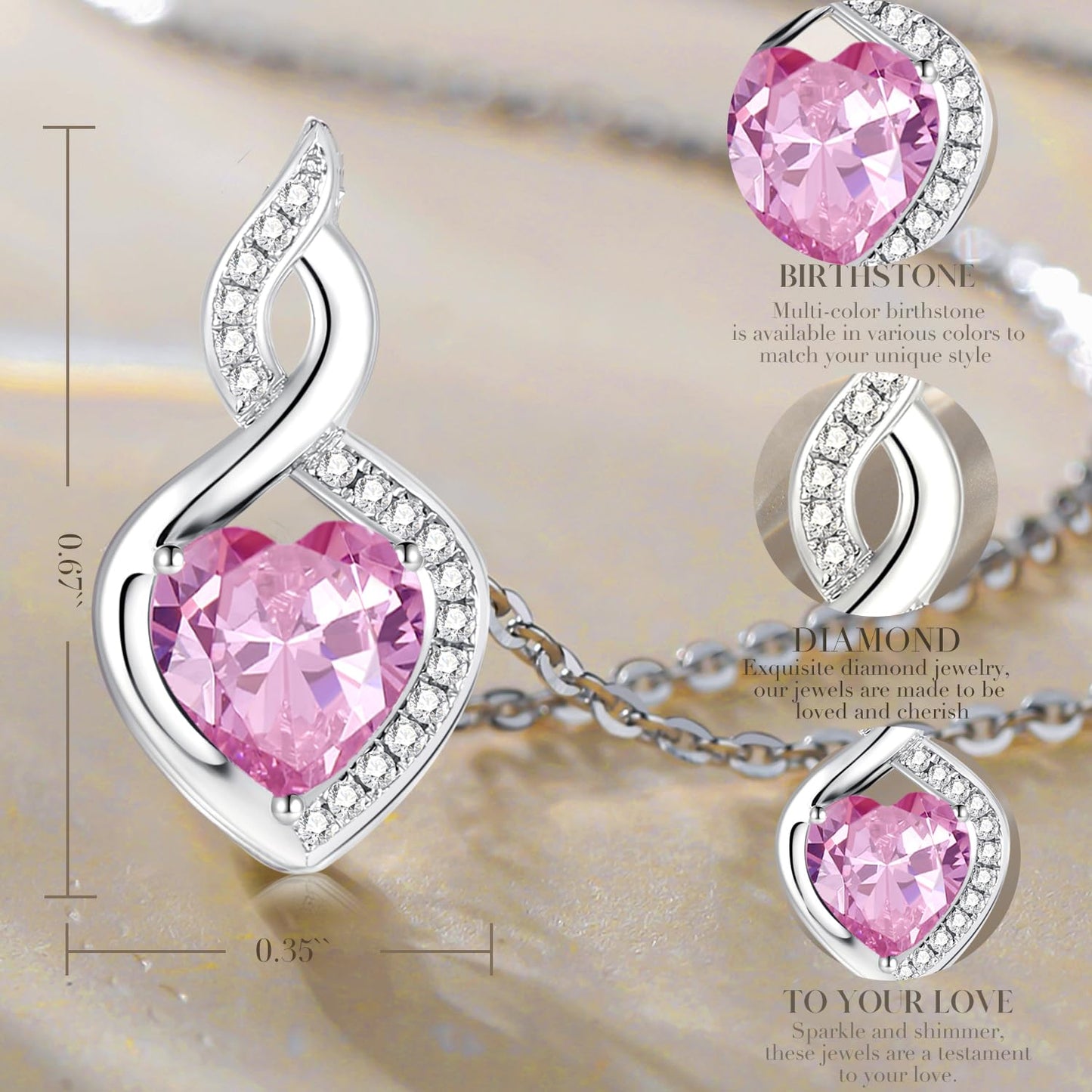 FANCIME 14K Solid White Gold Heart Birthstone Necklace with Diamond Pendent Birthday Gifts for Mom Women, Sterling Silver Chain 16" + 2" Extender