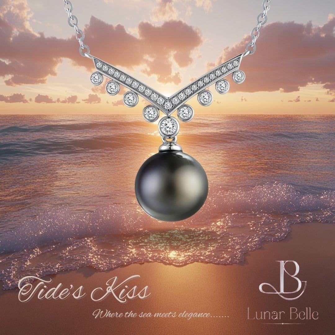 Lunar Belle Black Jewelry for Women Tahitian Pearl Pendant Necklace with Moissanite Sterling Silver, Romantic Gift for Wife Girlfriend Valentine Anniversary (Tide's Kiss)