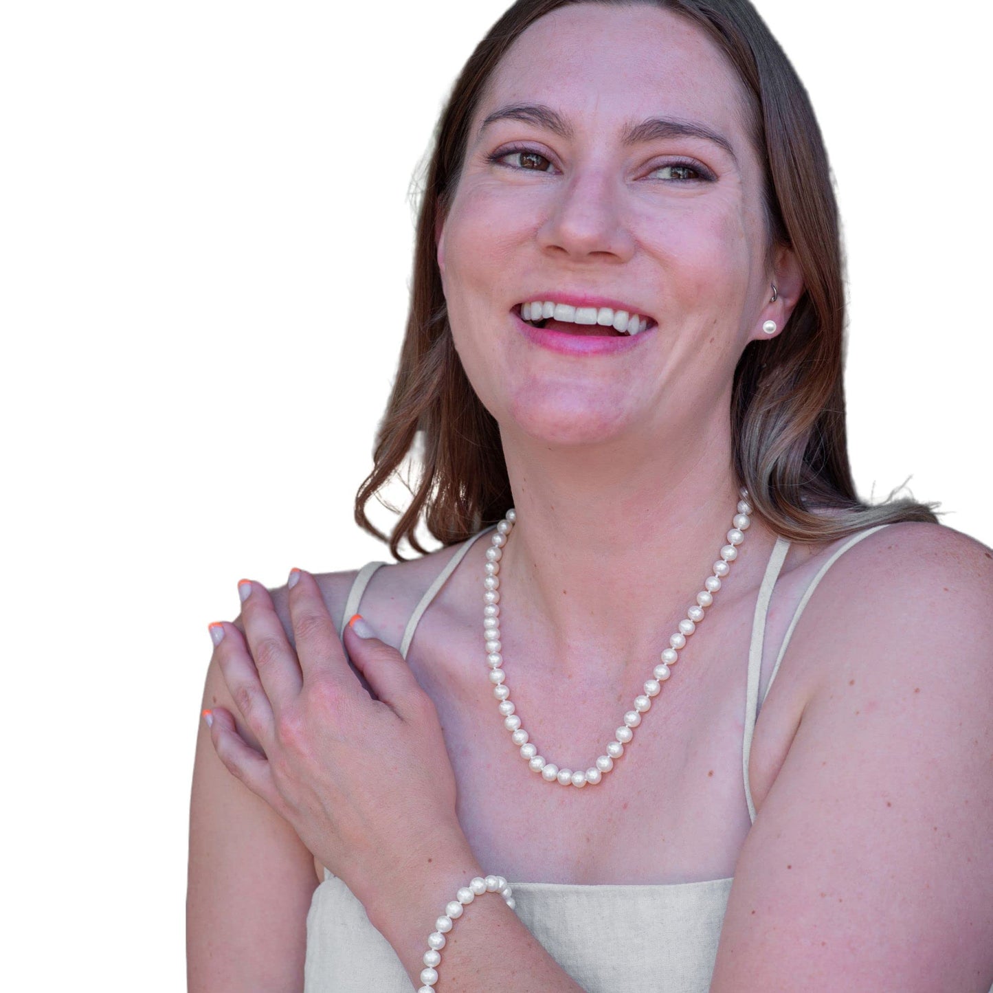 ROUND Real Pearl Necklace Set for Women Bracelet Stud Earrings Ivory Beige Cream White Pearl Jewelry Set Men Cultured Freshwater Wedding - SM