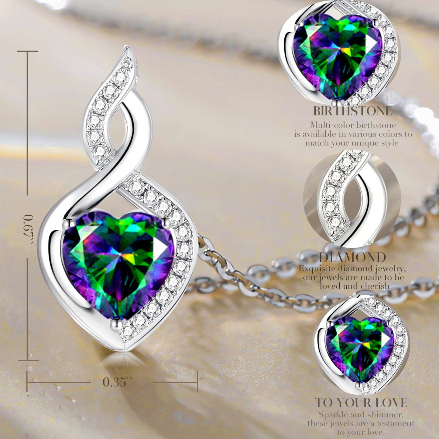FANCIME 14K Solid White Gold Heart Birthstone Necklace with Diamond Pendent Birthday Gifts for Mom Women, Sterling Silver Chain 16" + 2" Extender
