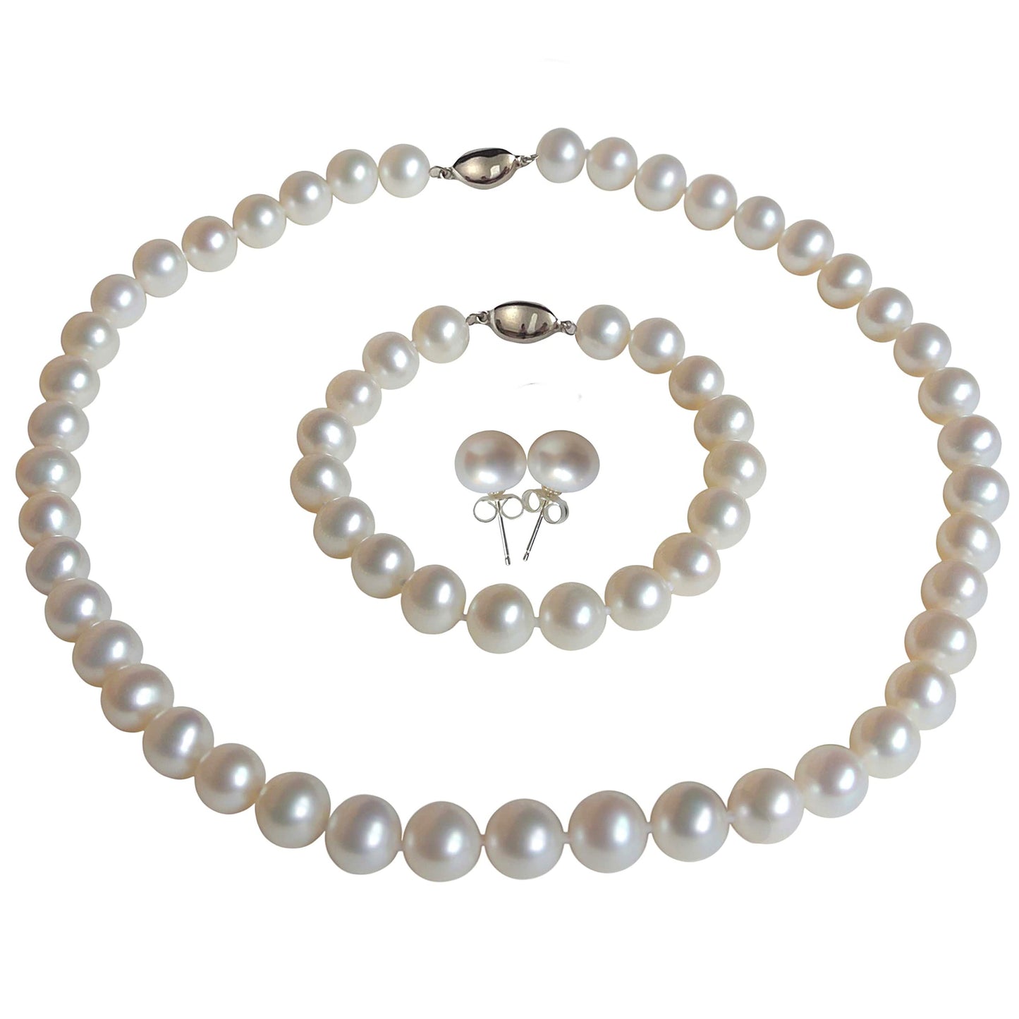 ROUND Real Pearl Necklace Set for Women Bracelet Stud Earrings Ivory Beige Cream White Pearl Jewelry Set Men Cultured Freshwater Wedding - SM