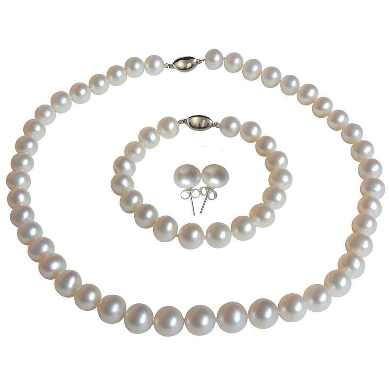ROUND Real Pearl Necklace Set for Women Bracelet Stud Earrings Ivory Beige Cream White Pearl Jewelry Set Men Cultured Freshwater Wedding - SM