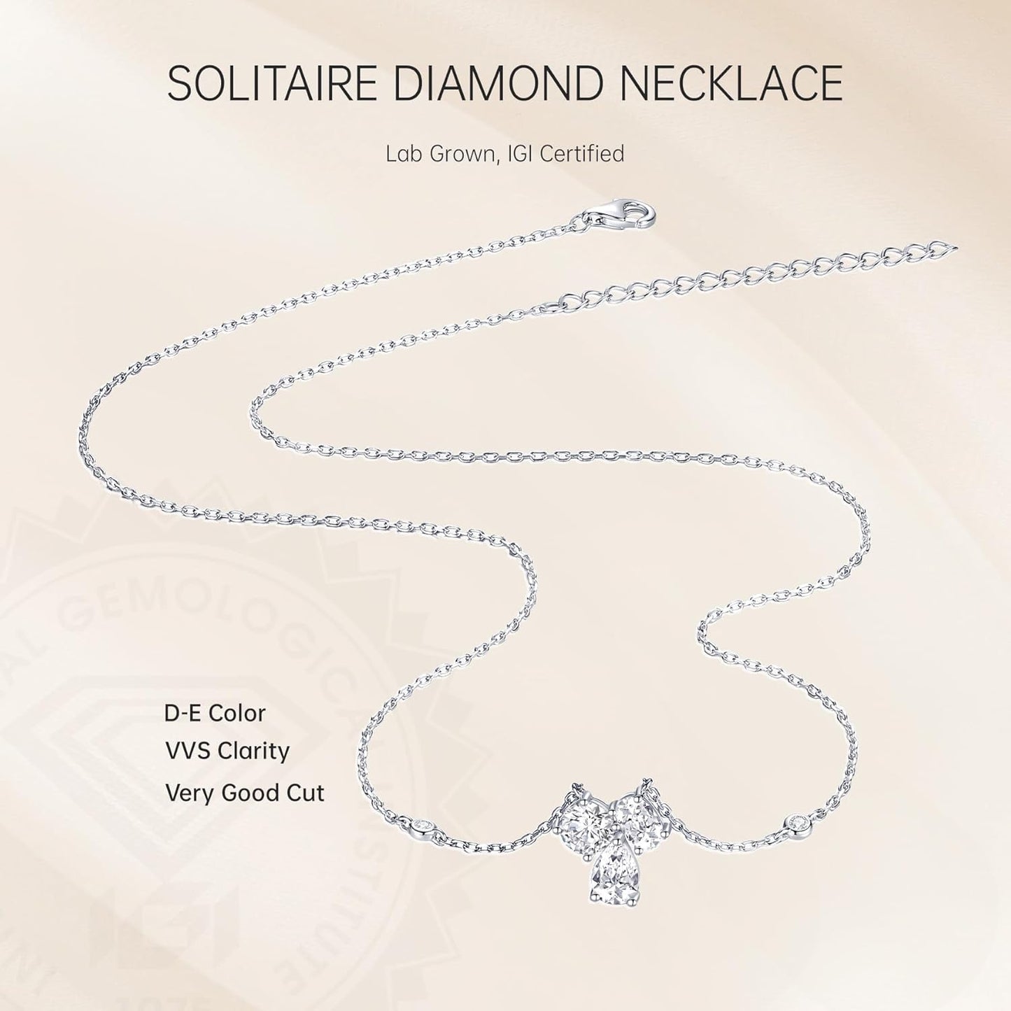 1.7 Carat Diamond Necklace, IGI Certified Three Stones LAB GROWN Diamond Necklaces for Women, Pendant Jewelry for Women (D-E Color, VVS Clarity)