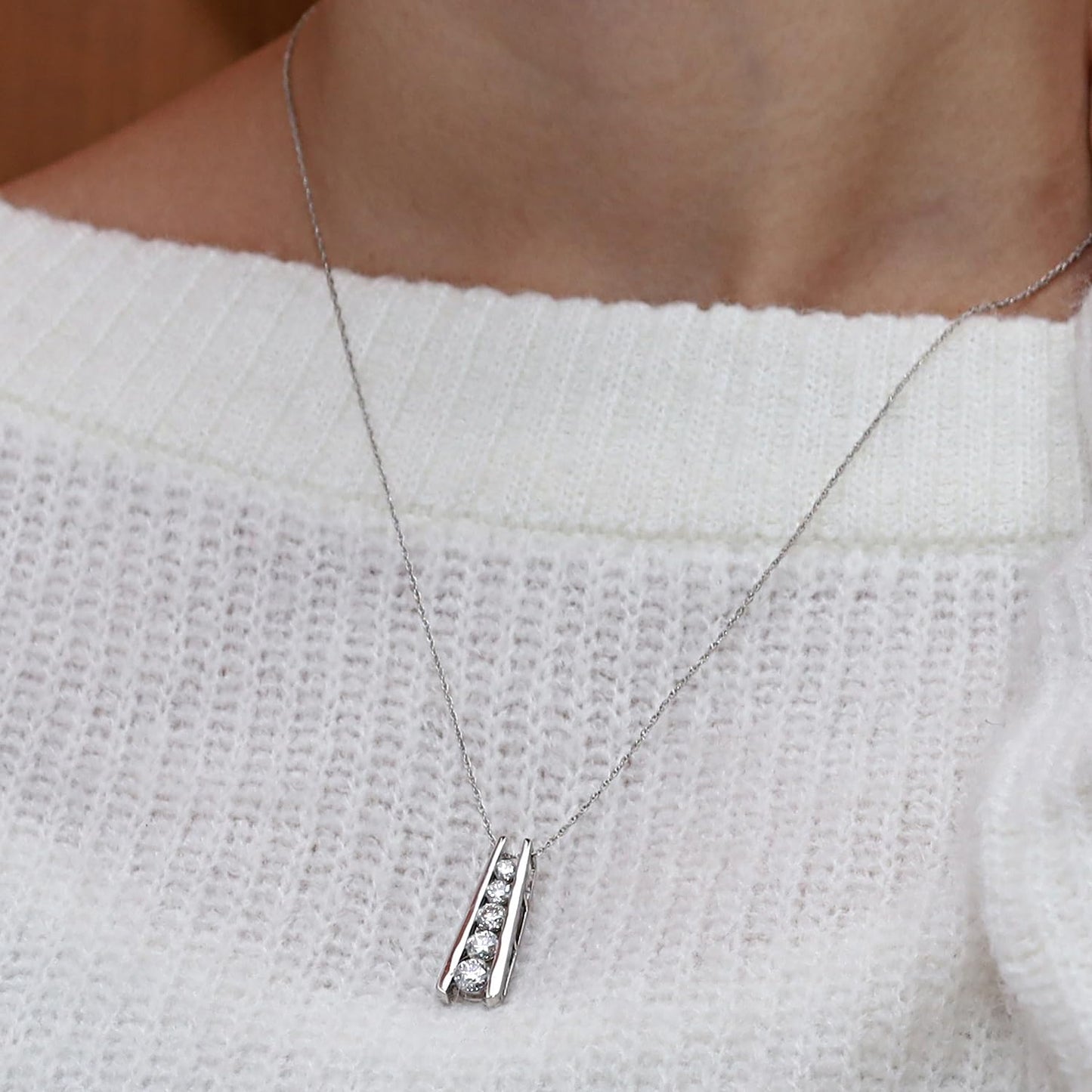 1.25 Carat Lab Created Moissanite or Lab Grown Diamond Five Stone Journey Bar Pendant Necklace In 14k Gold Over Sterling Silver Jewelry With 18" Chain, Gift For Her