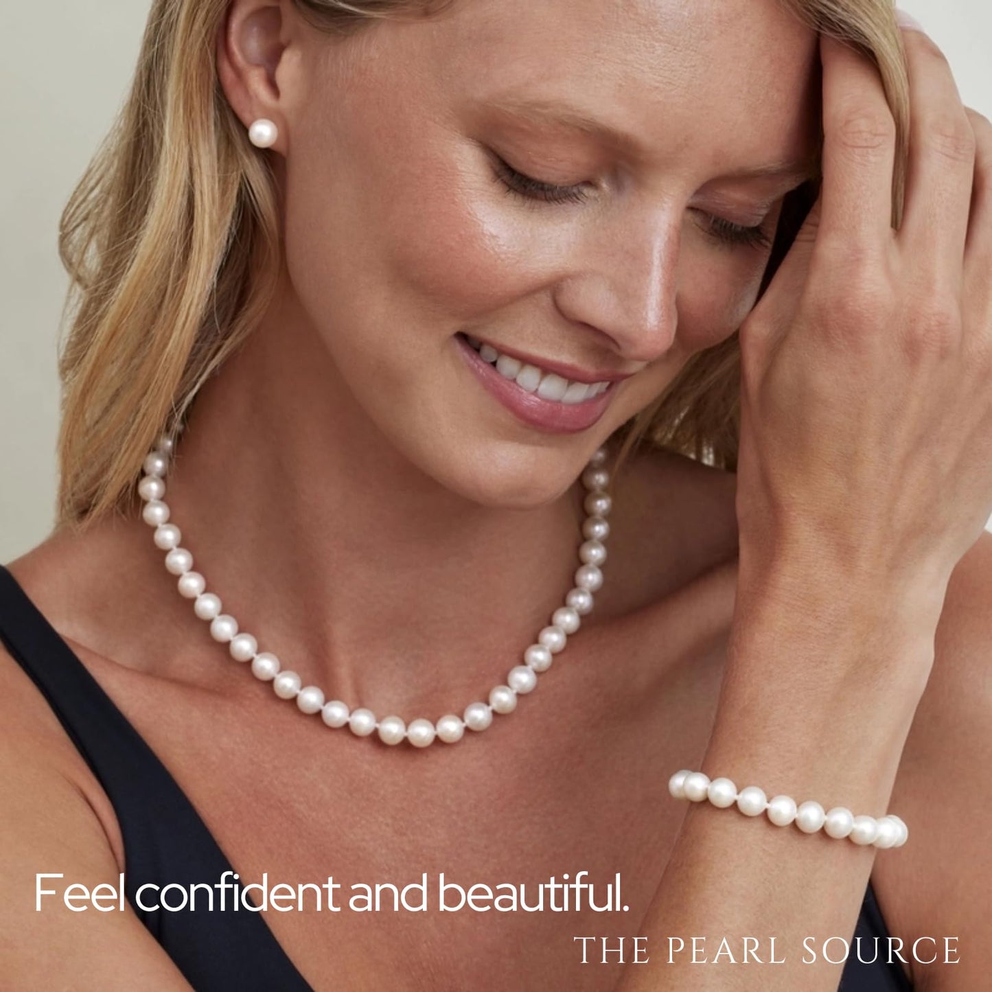 The Pearl Source 14K Gold Pearl Jewelry Set for Women - Freshwater Pearl Necklace and Earring Set with Pearl Bracelet | Genuine Cultured Pearls, Pearl Gifts for Christmas, Holidays and Anniversary - SM