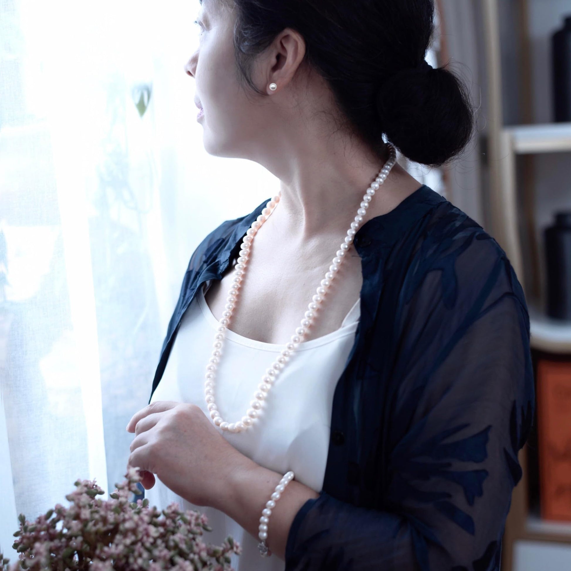 ROUND Real Pearl Necklace Set for Women Bracelet Stud Earrings Ivory Beige Cream White Pearl Jewelry Set Men Cultured Freshwater Wedding - SM