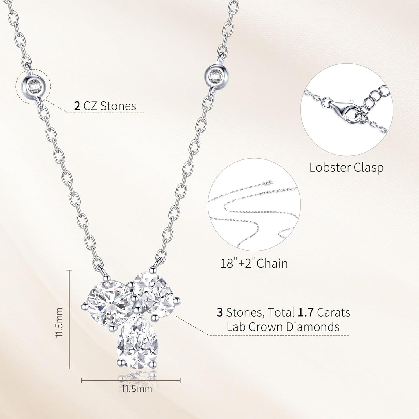 1.7 Carat Diamond Necklace, IGI Certified Three Stones LAB GROWN Diamond Necklaces for Women, Pendant Jewelry for Women (D-E Color, VVS Clarity)