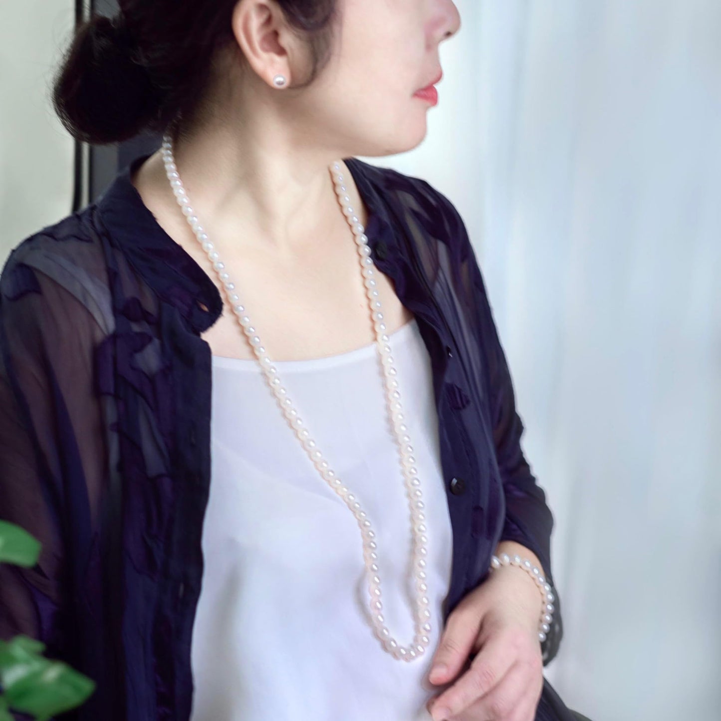 ROUND Real Pearl Necklace Set for Women Bracelet Stud Earrings Ivory Beige Cream White Pearl Jewelry Set Men Cultured Freshwater Wedding - SM