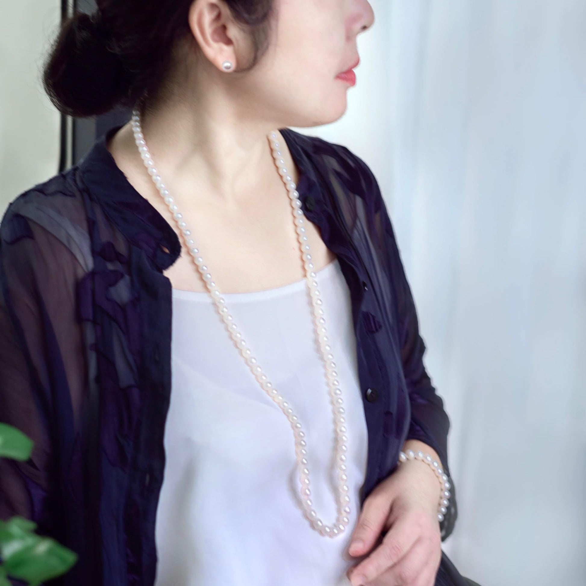ROUND Real Pearl Necklace Set for Women Bracelet Stud Earrings Ivory Beige Cream White Pearl Jewelry Set Men Cultured Freshwater Wedding - SM