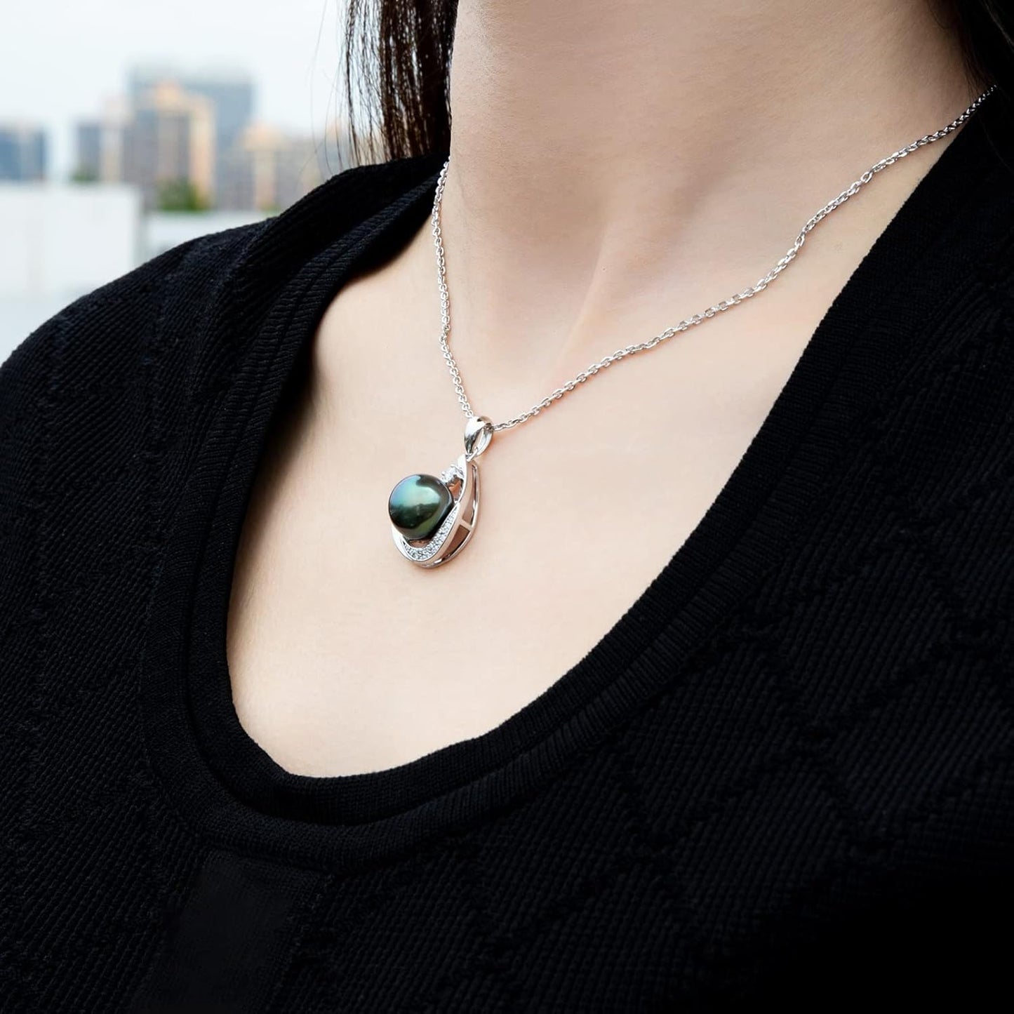 13mm Tahitian Black Pearl Necklace Pear Pendant Moissanite Sterling Silver Necklaces Birthday Anniversary Mothers Day Valentines Day Christmas Gifts for Mom Her Women - SM