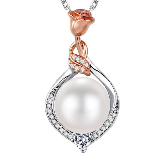 Iefil Mothers Day Gifts for Wife - 10-11mm Freshwater Pearl Necklace, Rose Flower Pearl Necklace, Anniversary Jewelry Gifts for Women Wife Mom Girlfriend Her, 925 Sterling Silver