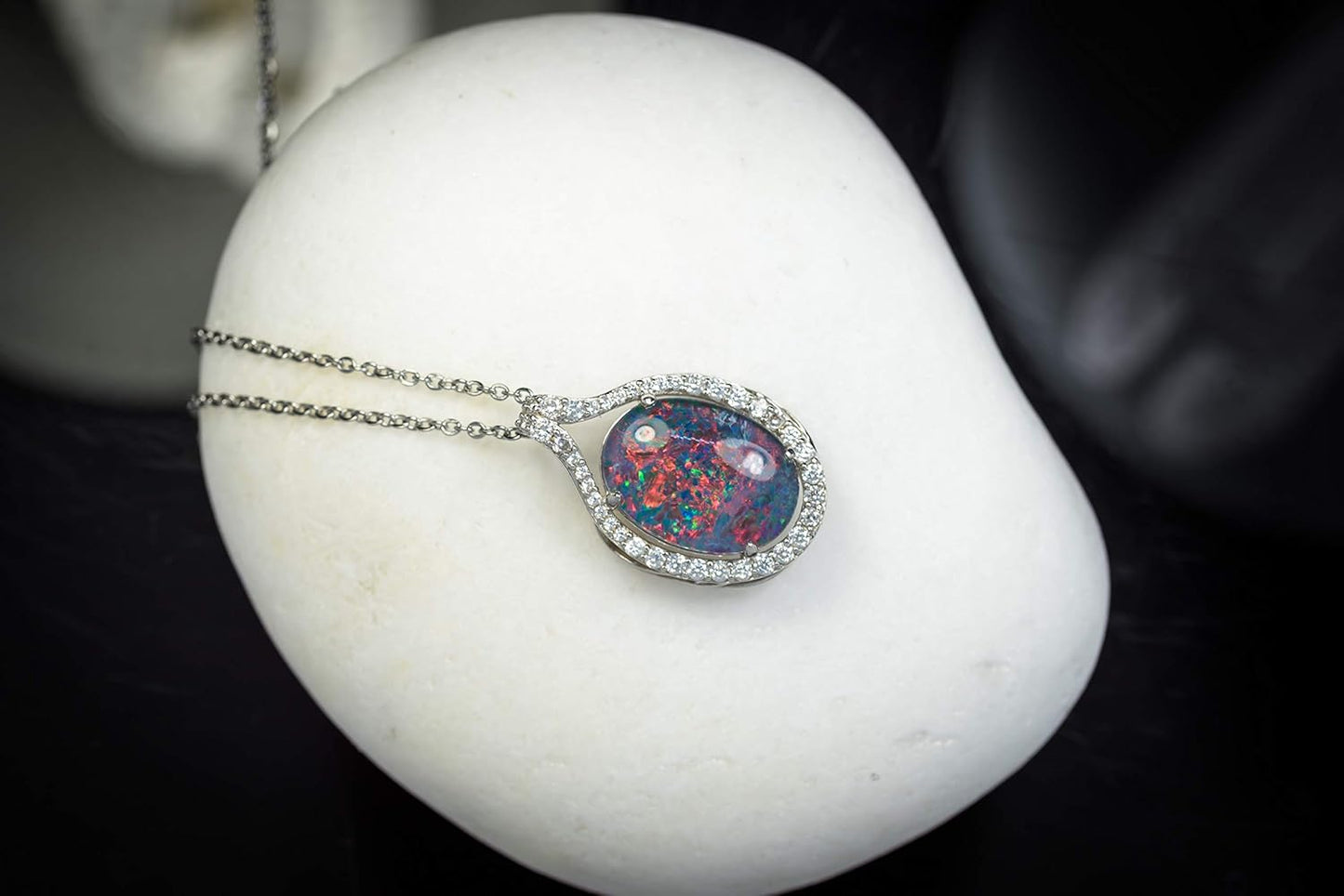 Australian Fire Opal Necklace - Large Genuine Australian Triplets Opal Necklace Pendant White Gold Plated on Sterling Silver Women's Jewelry