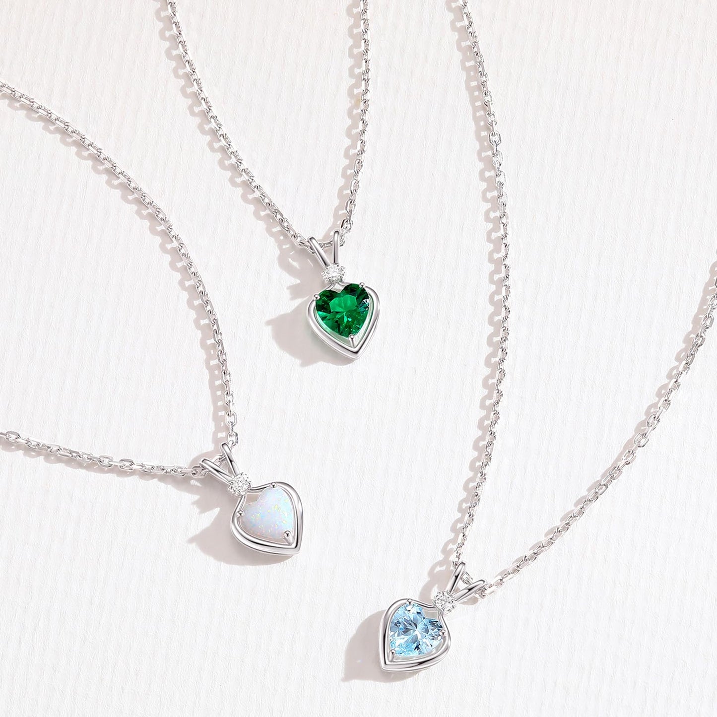 FANCIME 14K Solid White Gold Heart Birthstone Necklace for Women with lab-grown diamond Pendant Birthday Gifts for Mom Women Sterling Silver Chain 16" + 2" Extender