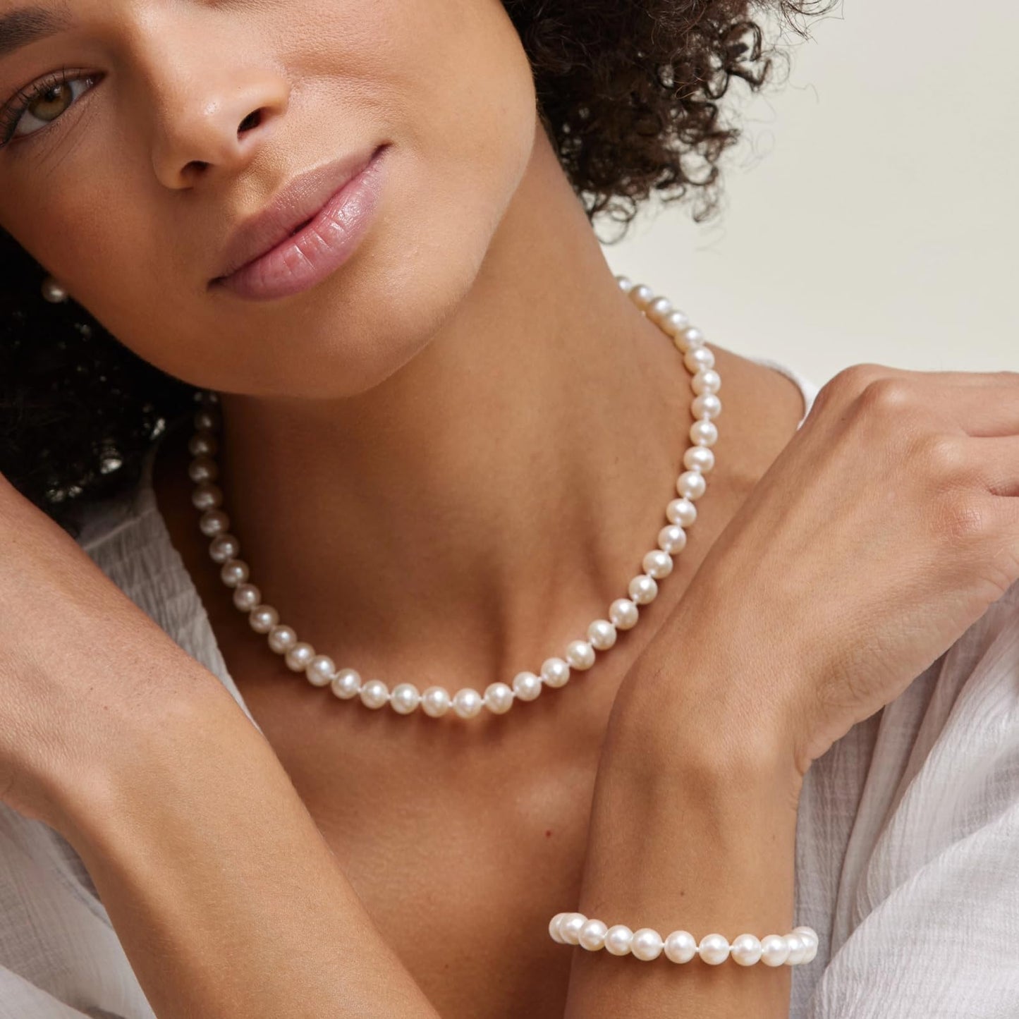 The Pearl Source 14K Gold Pearl Jewelry Set for Women - Freshwater Pearl Necklace and Earring Set with Pearl Bracelet | Genuine Cultured Pearls, Pearl Gifts for Christmas, Holidays and Anniversary - SM