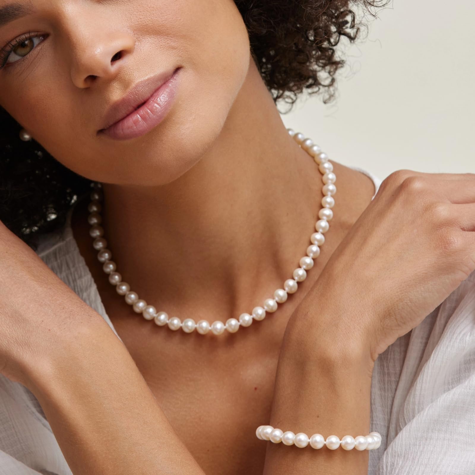 The Pearl Source 14K Gold Pearl Jewelry Set for Women - Freshwater Pearl Necklace and Earring Set with Pearl Bracelet | Genuine Cultured Pearls, Pearl Gifts for Christmas, Holidays and Anniversary - SM