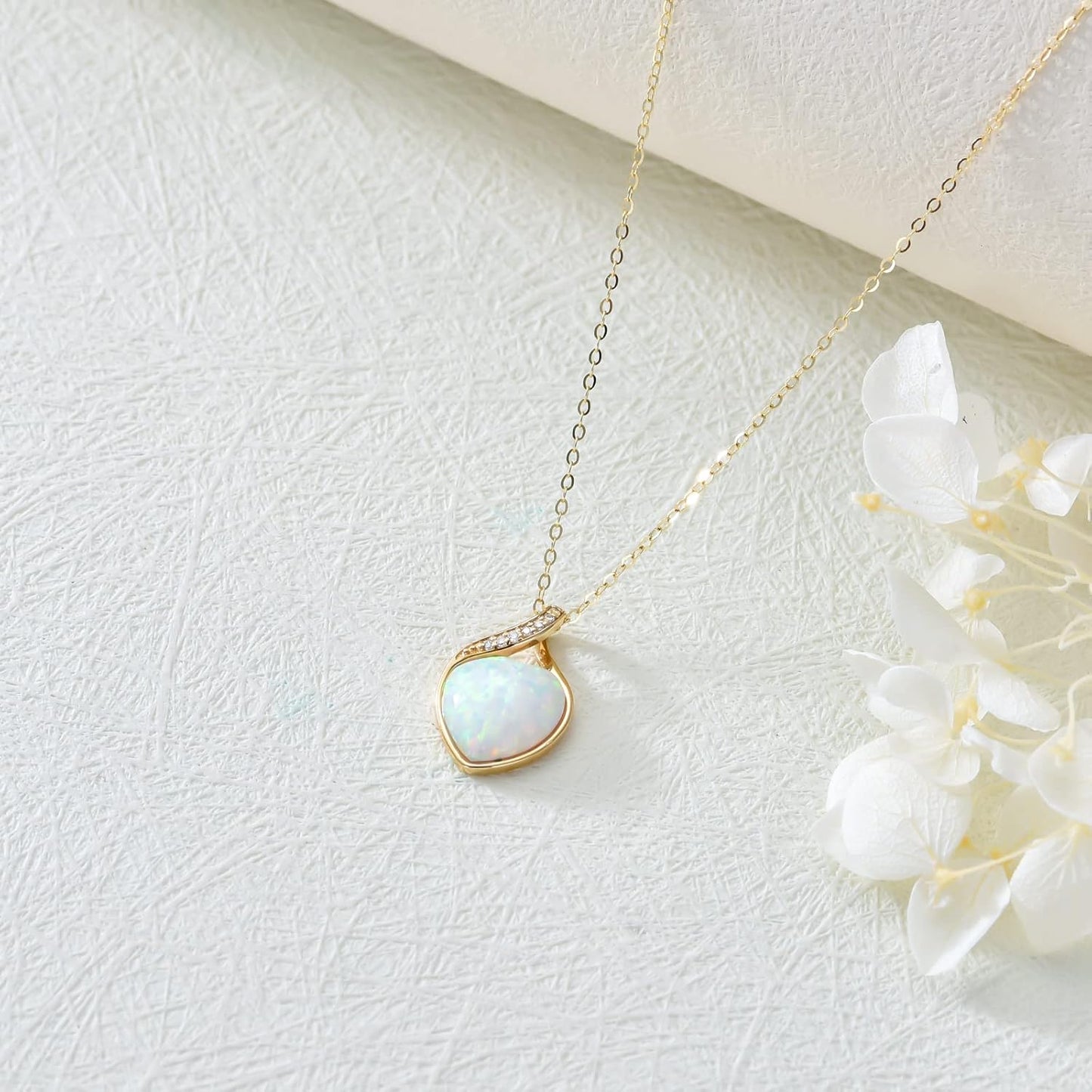 YDD 14k Solid Gold White Opal Necklace for Women Heart Shape Opal with Genuine Diamond Pendant Necklace Heart Necklace Opal Jewelry Diamond Jewelry Gifts 16"-18"