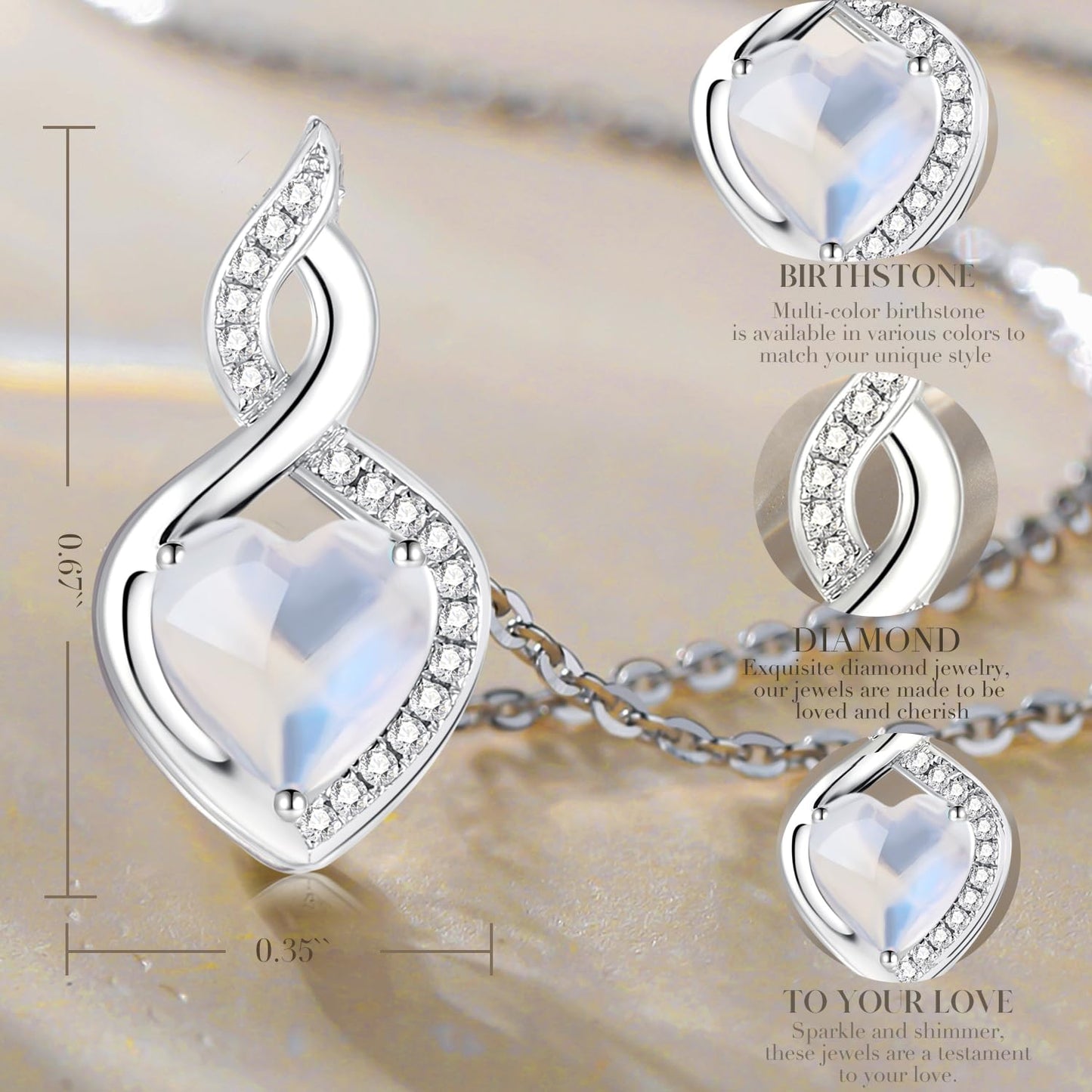 FANCIME 14K Solid White Gold Heart Birthstone Necklace with Diamond Pendent Birthday Gifts for Mom Women, Sterling Silver Chain 16" + 2" Extender