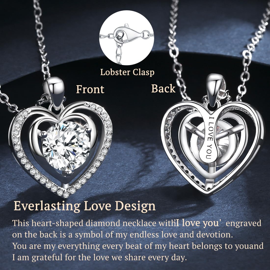 Heart Pendant Gold Necklace for Women Moissanite Lab-Created Gem I Love You Wedding Anniversary Birthday Christmas Valentine Engagements Mothers Day Jewelry for Wife Her Girlfriend Mom Daughter - SM