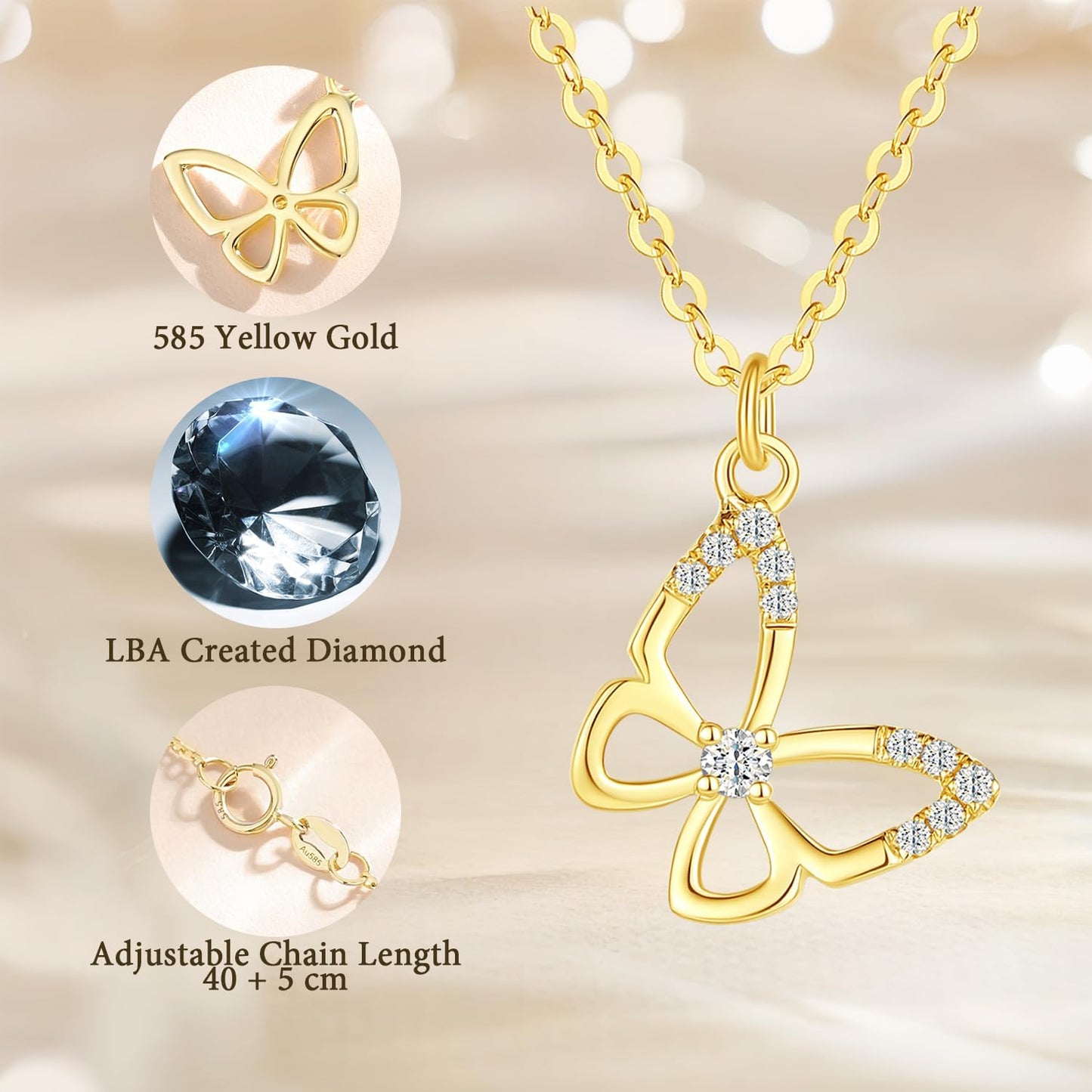 Butterfly Diamond Pendant Necklace | 14K Solid Yellow Gold