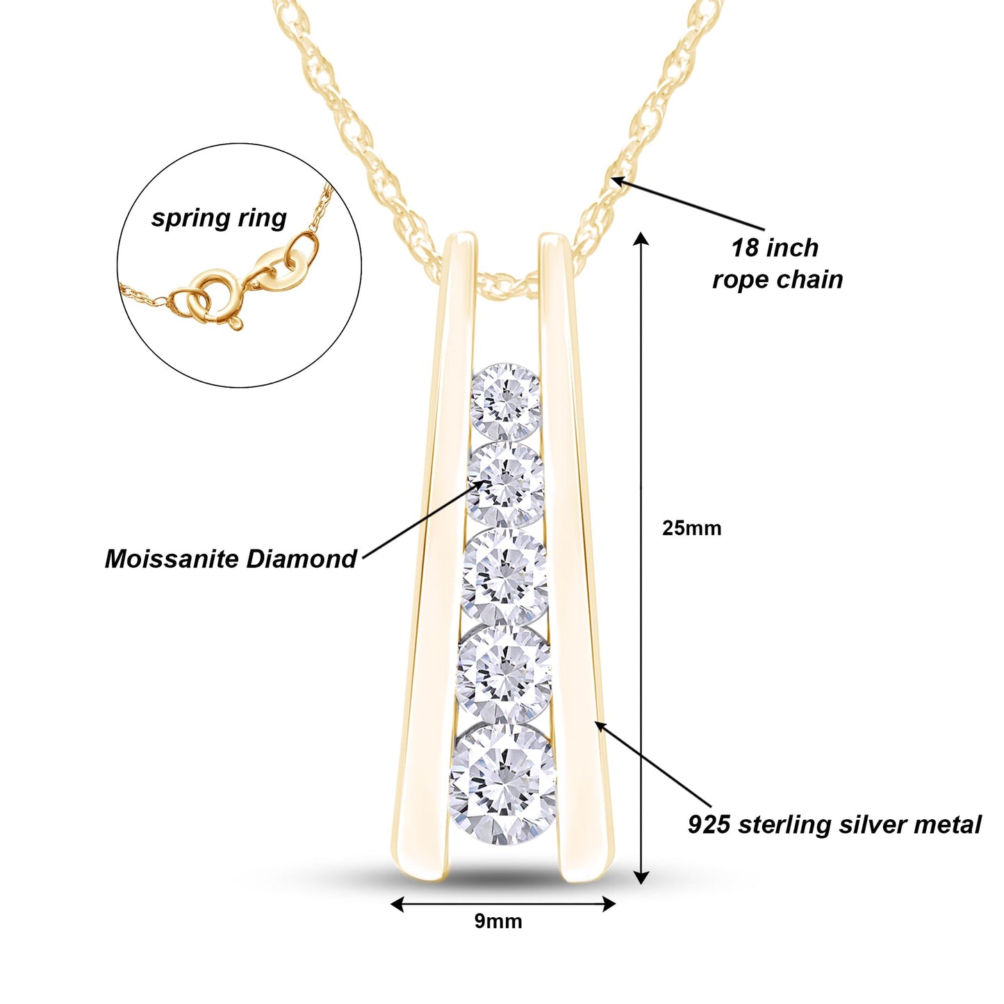 1.25 Carat Lab Created Moissanite or Lab Grown Diamond Five Stone Journey Bar Pendant Necklace In 14k Gold Over Sterling Silver Jewelry With 18" Chain, Gift For Her