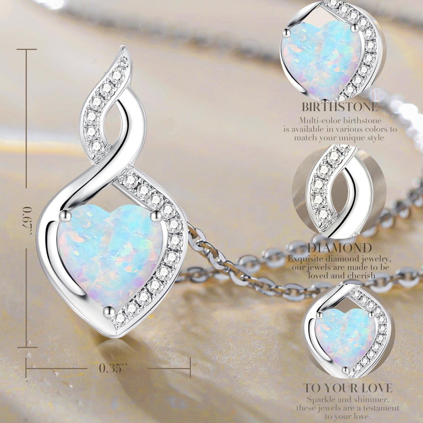 FANCIME 14K Solid White Gold Heart Birthstone Necklace with Diamond Pendent Birthday Gifts for Mom Women, Sterling Silver Chain 16" + 2" Extender