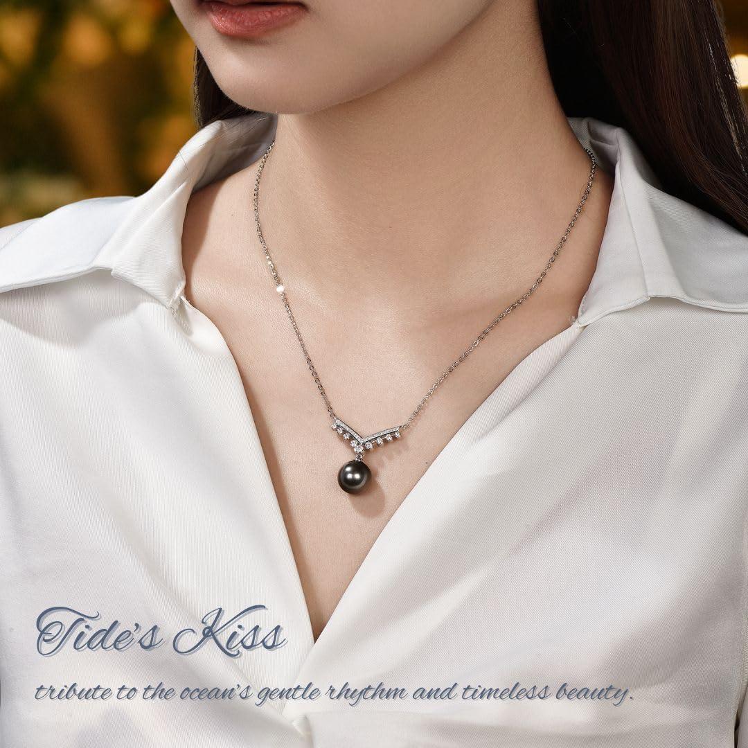 Lunar Belle Black Jewelry for Women Tahitian Pearl Pendant Necklace with Moissanite Sterling Silver, Romantic Gift for Wife Girlfriend Valentine Anniversary (Tide's Kiss)