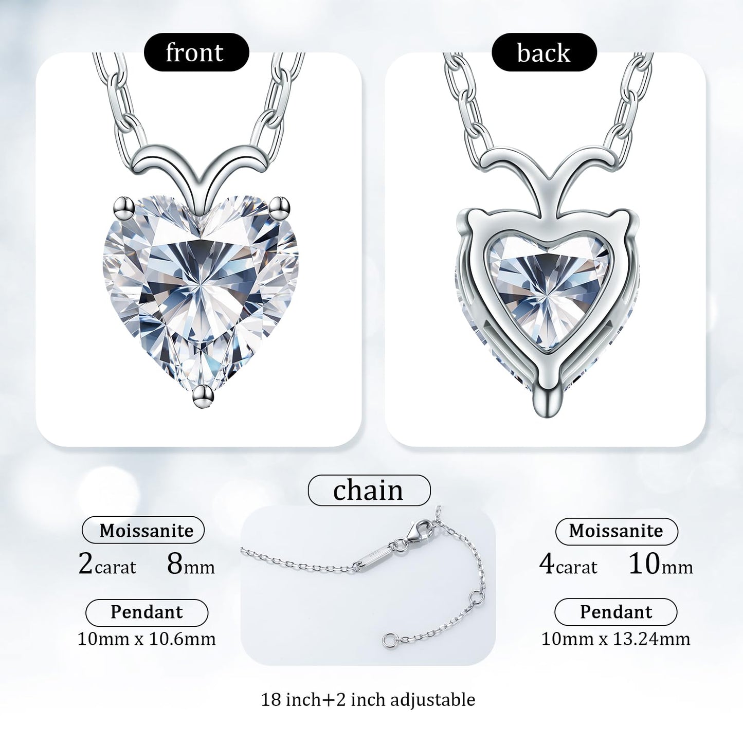 ForeverLove Heart Moissanite Necklaces for Women, 4 or 2 Carats Heartshap Moissanite, Silver Pendant Jewelry, Anniversary Birthday Gifts for Wife, Girlfriend, Daughter, Mom - SM