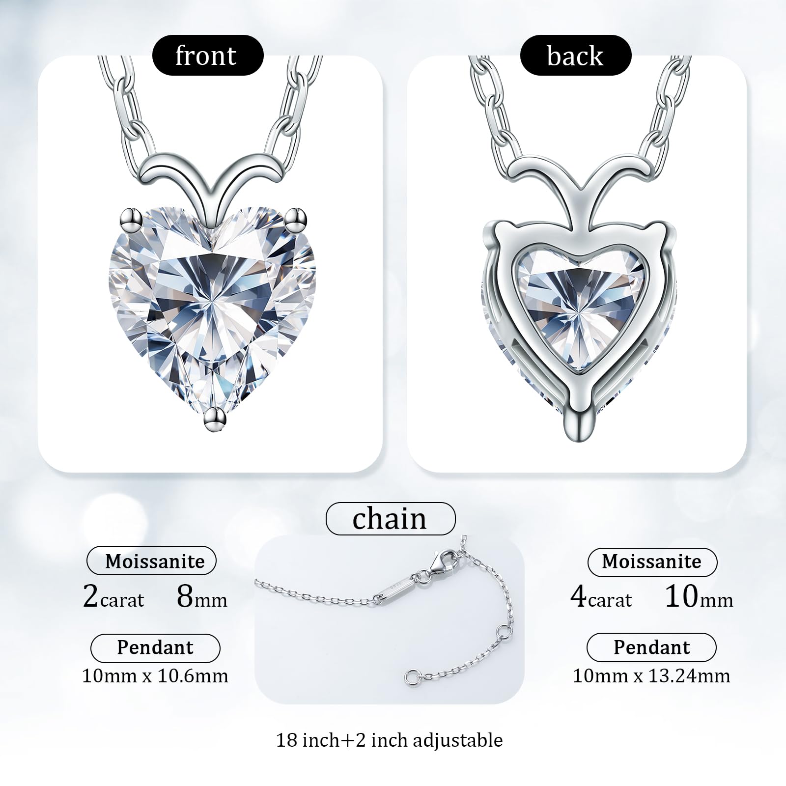 ForeverLove Heart Moissanite Necklaces for Women, 4 or 2 Carats Heartshap Moissanite, Silver Pendant Jewelry, Anniversary Birthday Gifts for Wife, Girlfriend, Daughter, Mom - SM