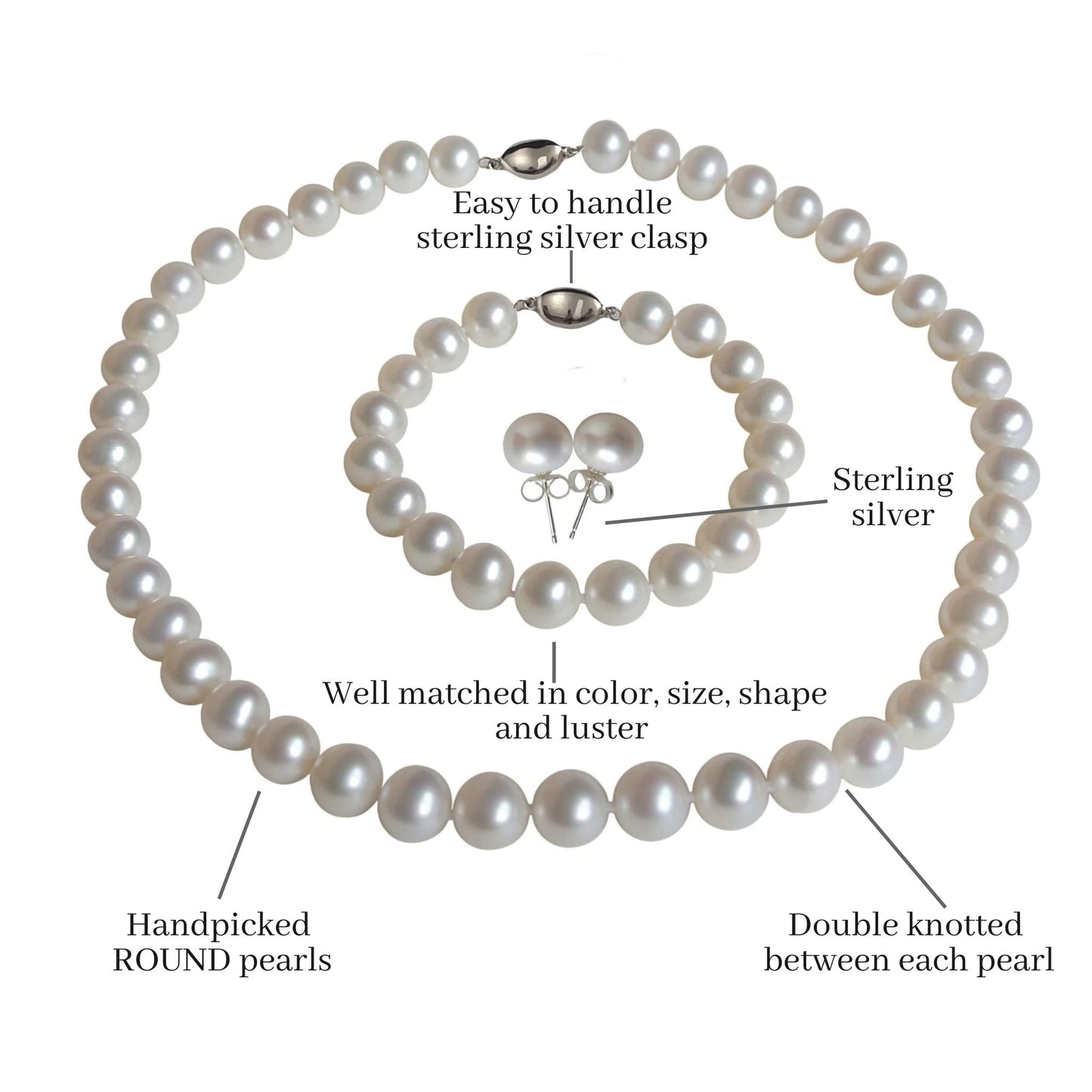 ROUND Real Pearl Necklace Set for Women Bracelet Stud Earrings Ivory Beige Cream White Pearl Jewelry Set Men Cultured Freshwater Wedding - SM