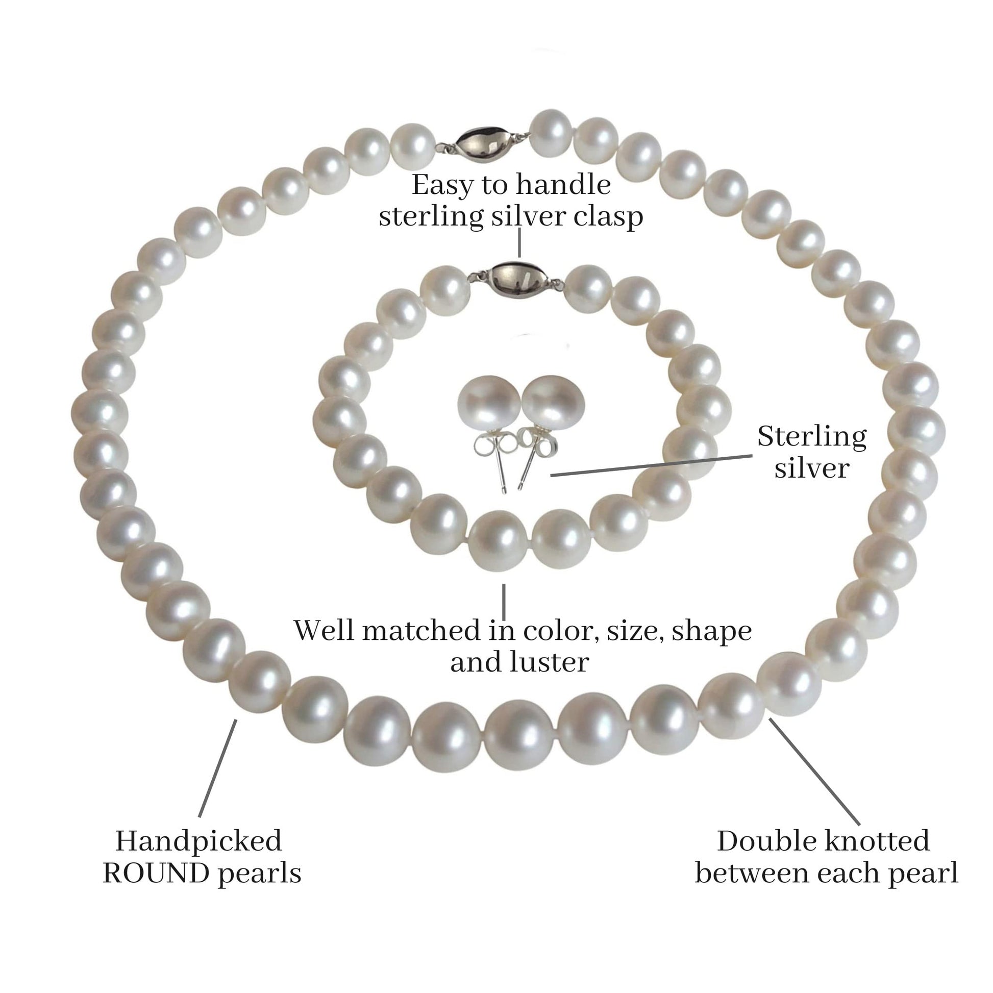 ROUND Real Pearl Necklace Set for Women Bracelet Stud Earrings Ivory Beige Cream White Pearl Jewelry Set Men Cultured Freshwater Wedding - SM