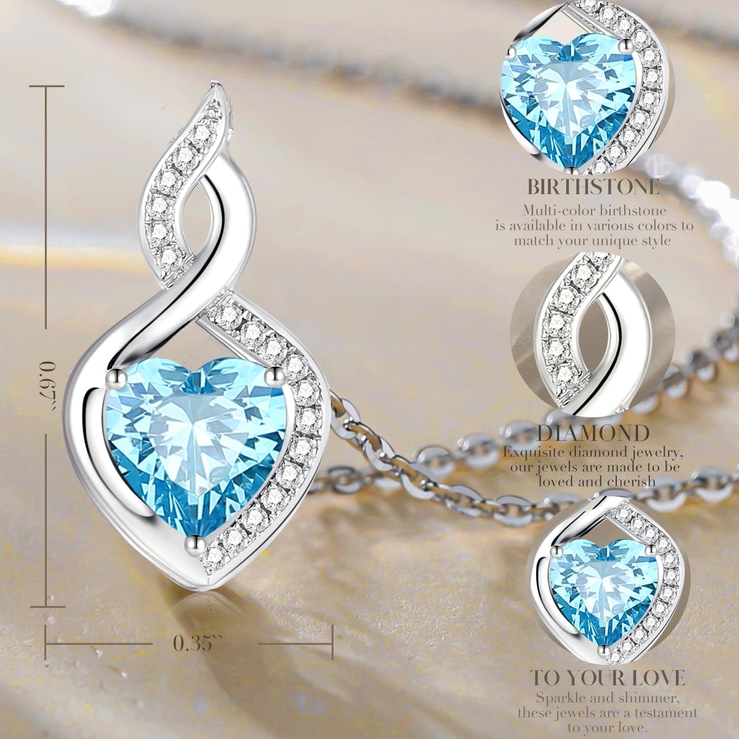 FANCIME 14K Solid White Gold Heart Birthstone Necklace with Diamond Pendent Birthday Gifts for Mom Women, Sterling Silver Chain 16" + 2" Extender