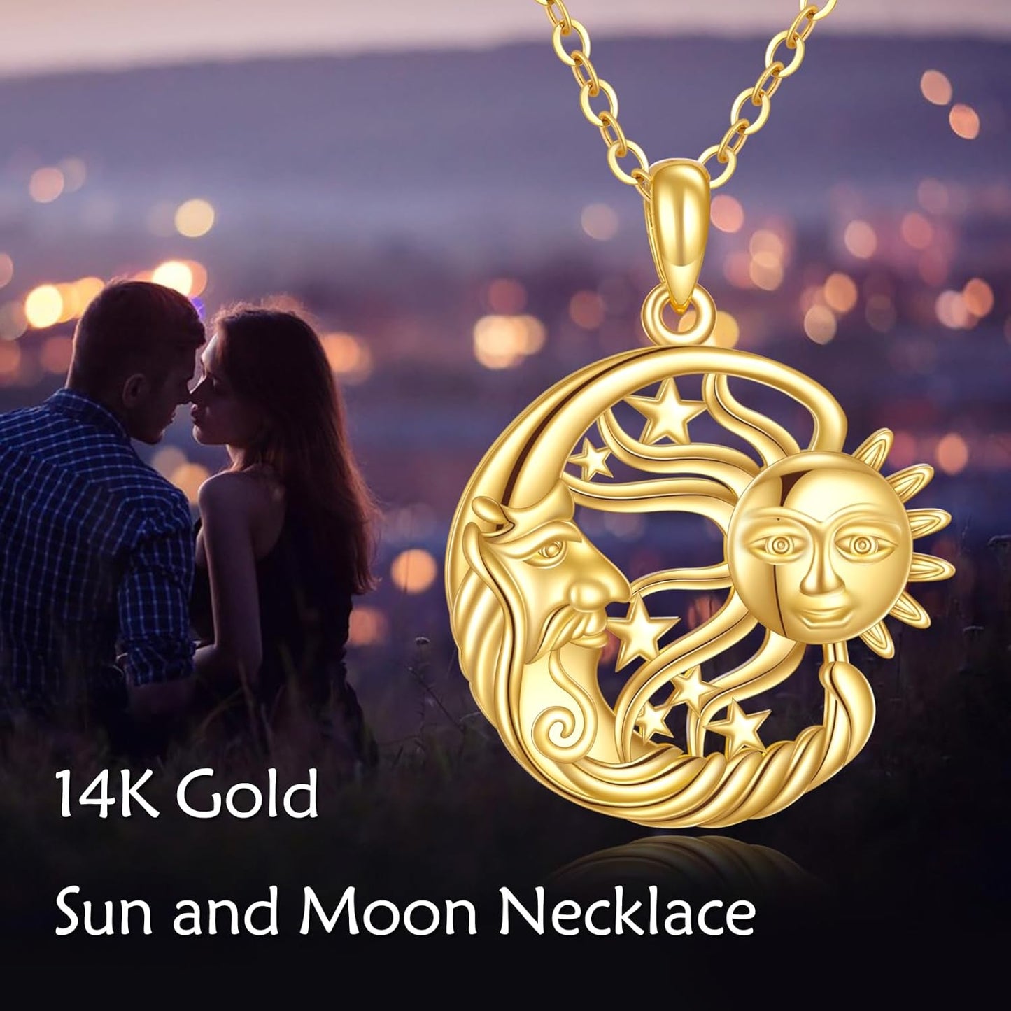 KECHO 14K Solid Gold Sun Moon Star Necklace Couple Pendant 14K Real Gold Jewelry Anniversary Birthday Gifts for Women