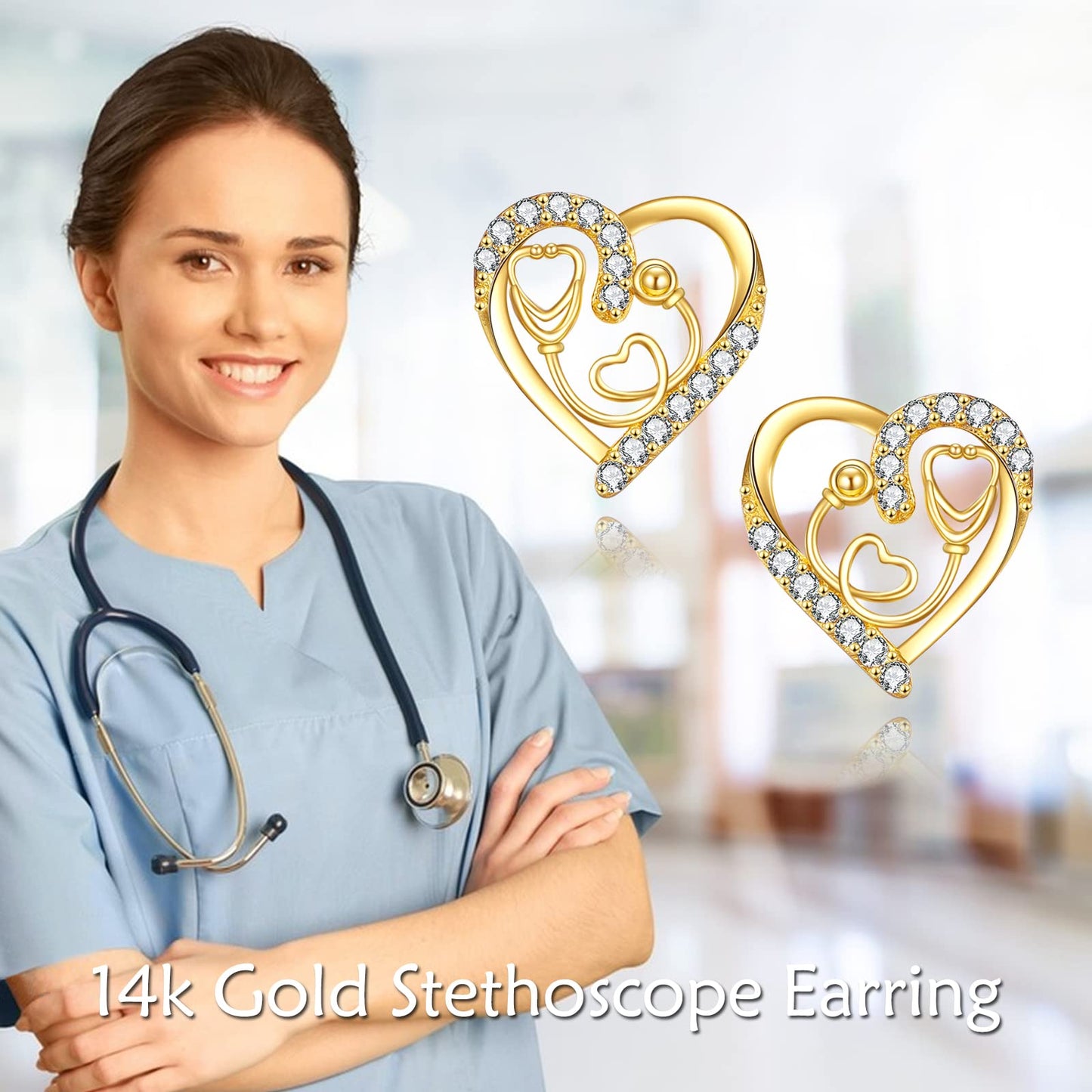 KECHO 14K Solid Gold Nurse Gifts for Women Heart Stethoscope Nurse Earrings Stethoscope Pendant Necklace Graduation Birthday Christmas Jewelry Gifts for Doctor Nurse Medical Student