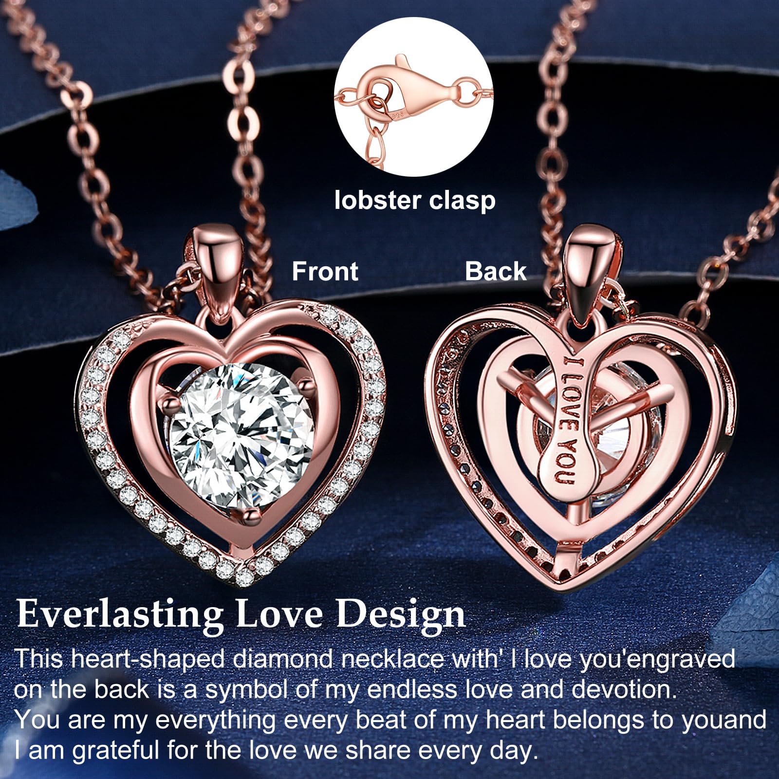 Heart Pendant Gold Necklace for Women Moissanite Lab-Created Gem I Love You Wedding Anniversary Birthday Christmas Valentine Engagements Mothers Day Jewelry for Wife Her Girlfriend Mom Daughter - SM