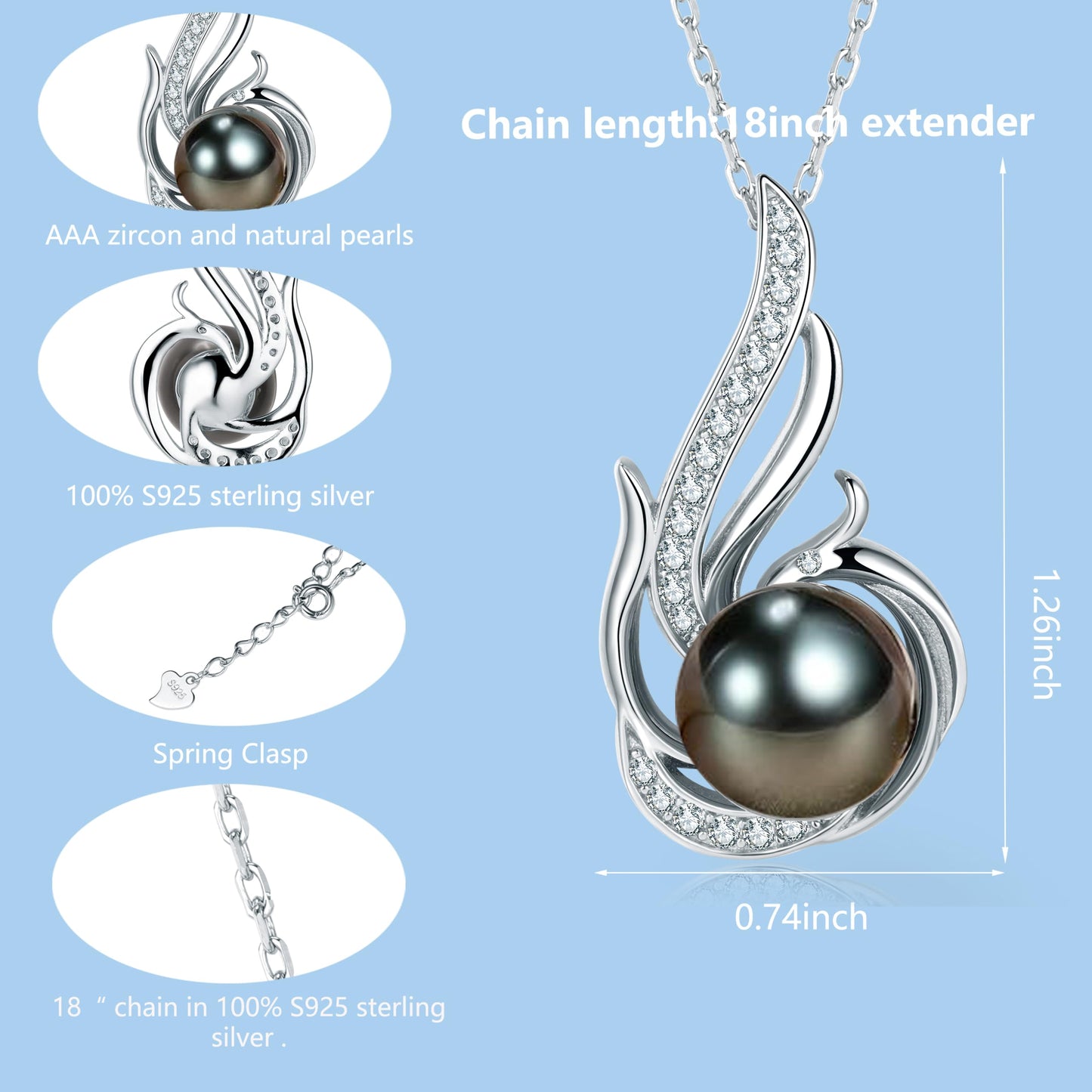 Tahitian Black Pearl Necklaces for Women 10-11mm - Pearl Necklace Phoenix Pendant | with 925 Sterling Silver 18" Chain - Christmas Mothers Day Valentine's Day Gifts For Women Wife Mom Grandma Girlfriend Daughter Her Best Friend Birthday Anniversary Fine J