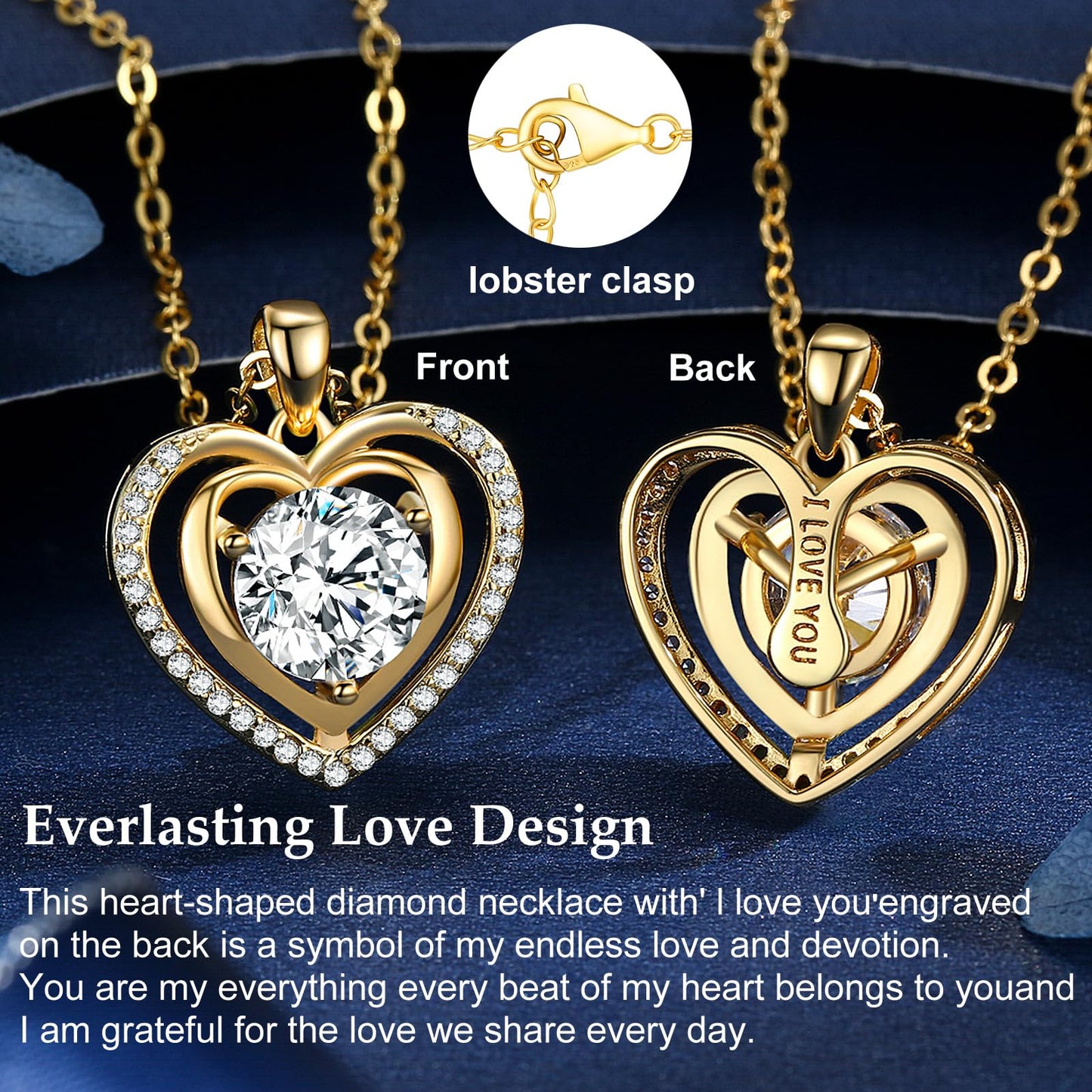 Heart Pendant Gold Necklace for Women Moissanite Lab-Created Gem I Love You Wedding Anniversary Birthday Christmas Valentine Engagements Mothers Day Jewelry for Wife Her Girlfriend Mom Daughter - SM