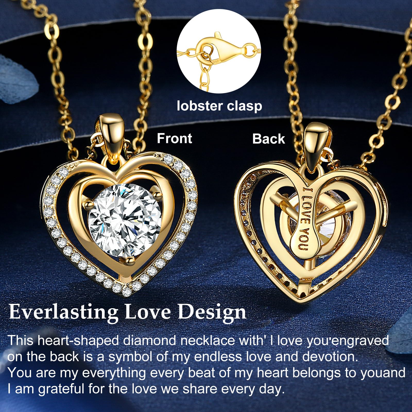Heart Pendant Gold Necklace for Women Moissanite Lab-Created Gem I Love You Wedding Anniversary Birthday Christmas Valentine Engagements Mothers Day Jewelry for Wife Her Girlfriend Mom Daughter - SM