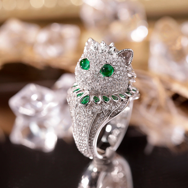 LuxeJewels™ EmeraldWhisker Sterling Designer Ring | Artisan Luxury