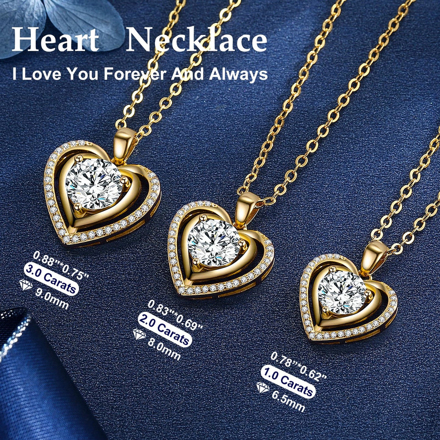 Heart Pendant Gold Necklace for Women Moissanite Lab-Created Gem I Love You Wedding Anniversary Birthday Christmas Valentine Engagements Mothers Day Jewelry for Wife Her Girlfriend Mom Daughter - SM