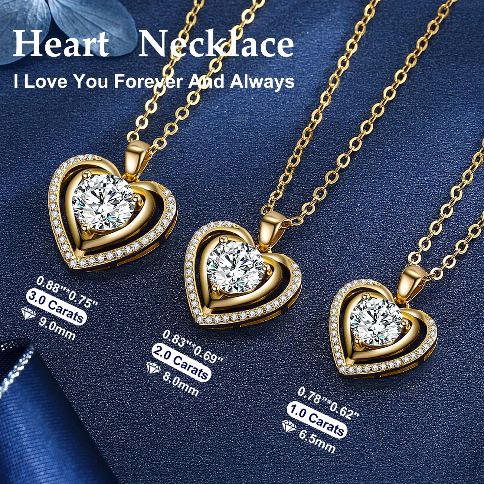Heart Pendant Gold Necklace for Women Moissanite Lab-Created Gem I Love You Wedding Anniversary Birthday Christmas Valentine Engagements Mothers Day Jewelry for Wife Her Girlfriend Mom Daughter - SM