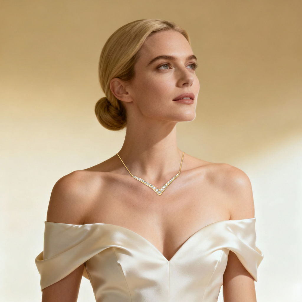 5ct Lab Diamond V Necklace | Graduated Round Brilliant | IGI Certified | 10K Gold