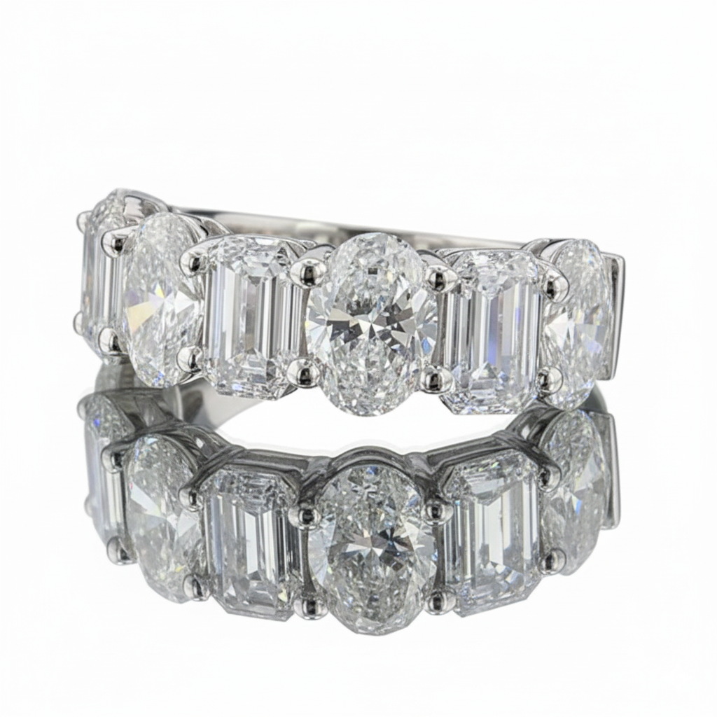 4.9ct Lab Diamond Ring | Oval & Emerald Half Eternity | IGI Certified | 10K Gold