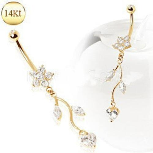 14K Yellow Gold Navel Ring | Flower & Vine Design | Body Jewelry