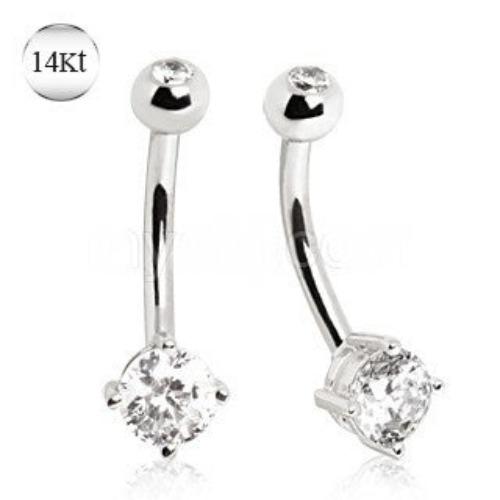 14K White Gold Navel Ring | Prong Set CZ | Body Jewelry